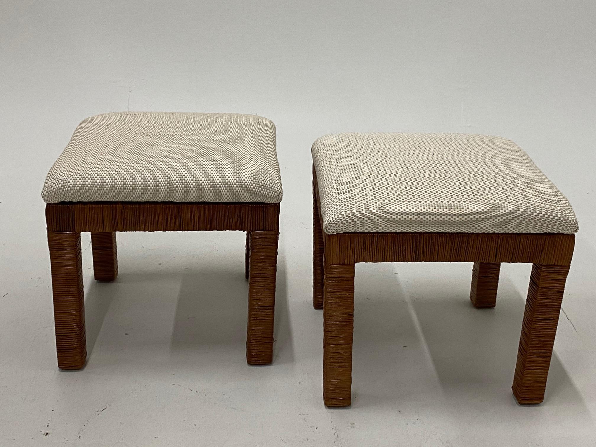 Two organic modern wicker benches having new upholstery woven with raffia.