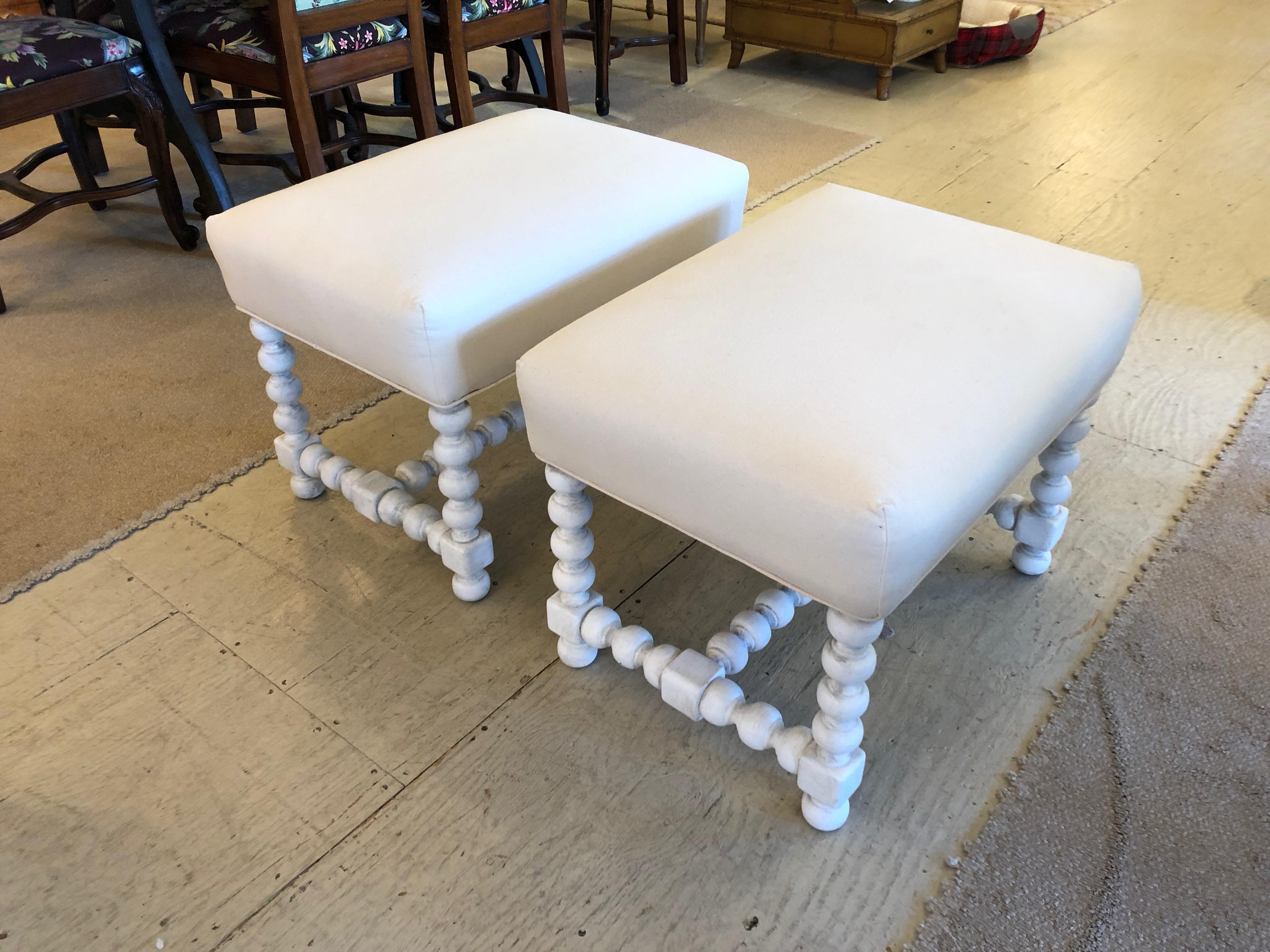 Stylish Pair of Painted Wood and Upholstered Benches Ottomans 2