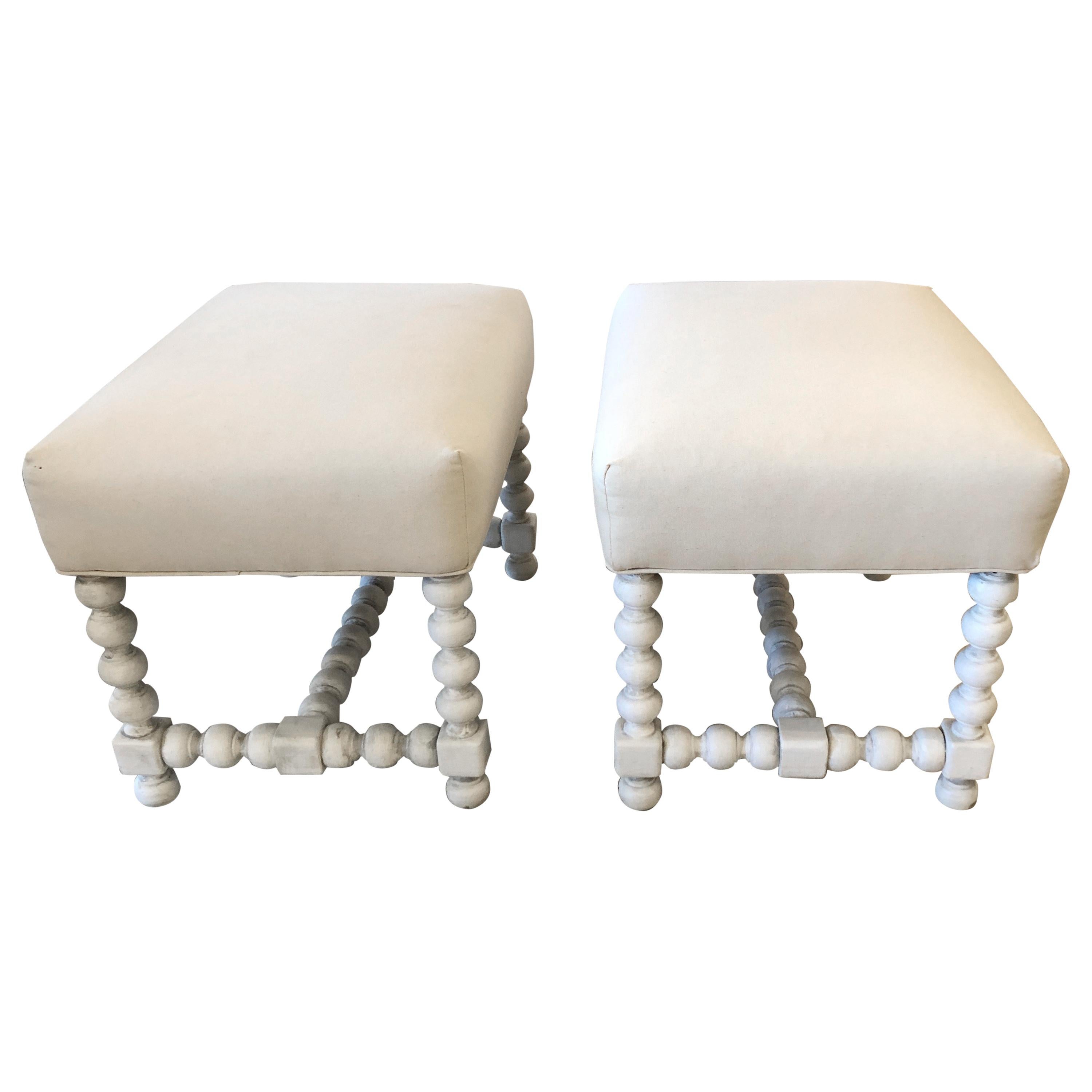 Stylish Pair of Painted Wood and Upholstered Benches Ottomans