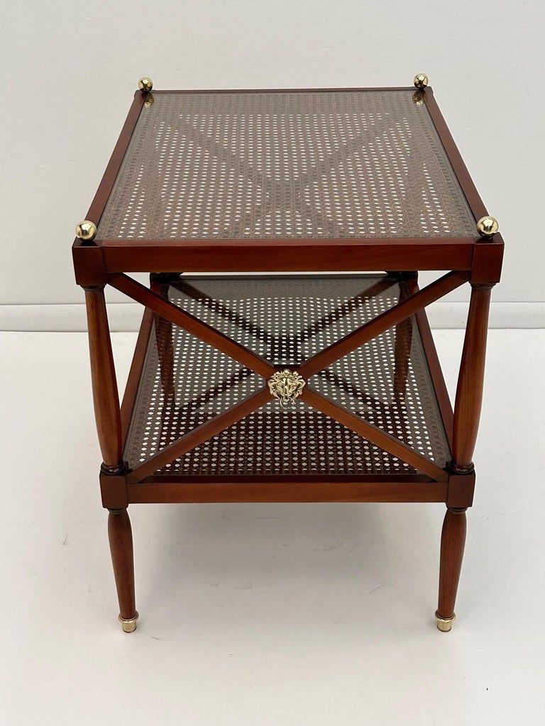 Stylish Pair of Regency Style Mahogany and Caned Two Tier End Tables