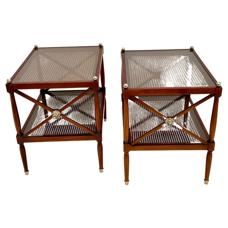 Stylish Pair of Regency Style Mahogany and Caned Two Tier End Tables