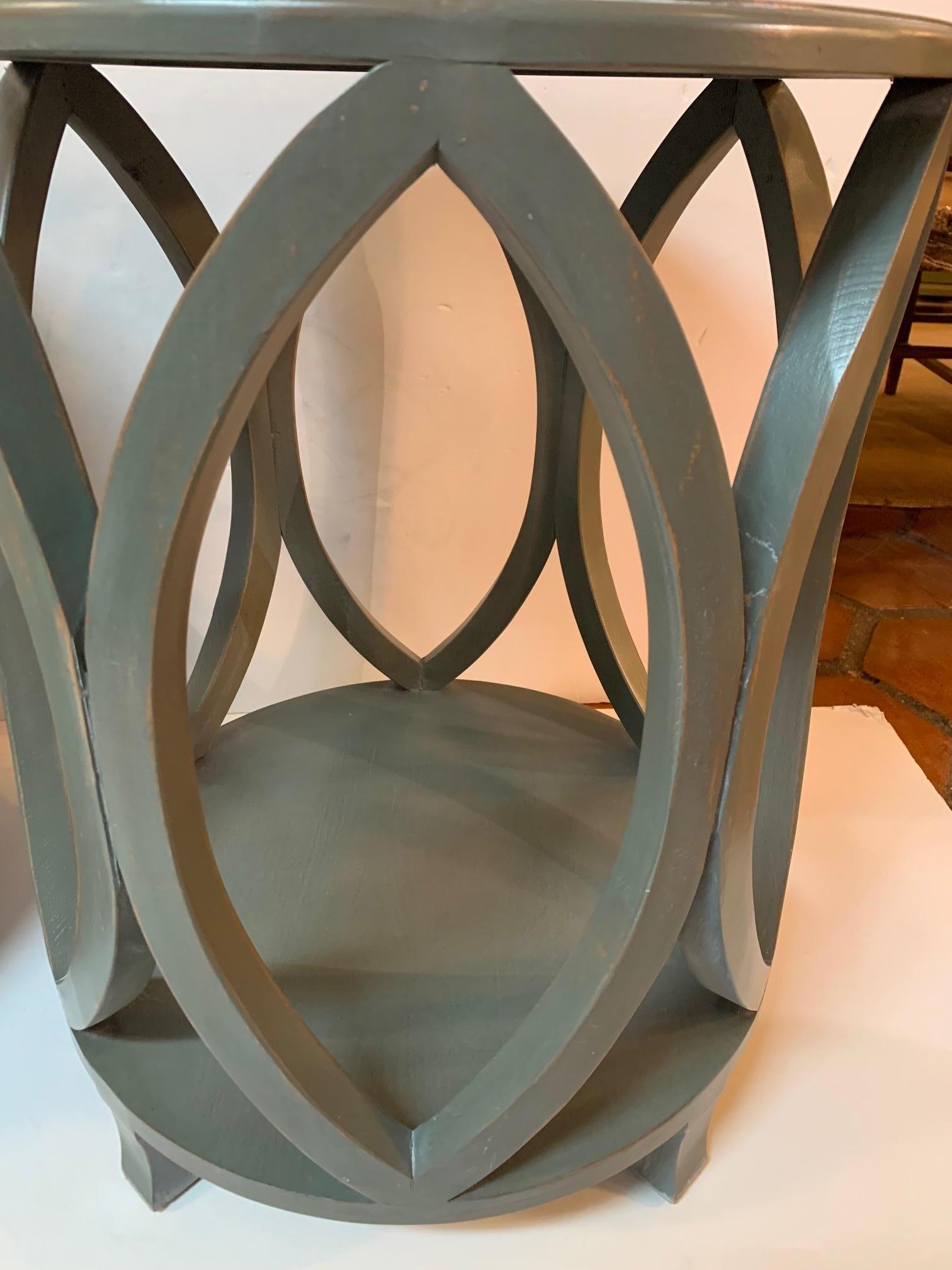 Modern Stylish Pair of Round Slate Gray Blue Painted End or Side Tables