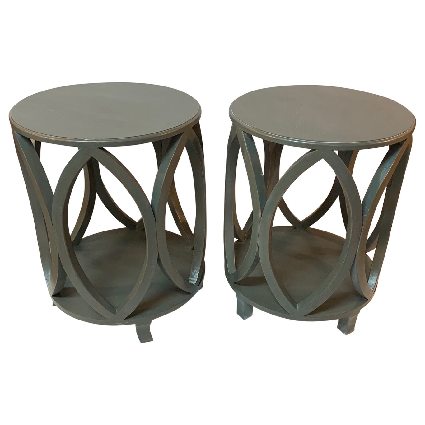 Stylish Pair of Round Slate Gray Blue Painted End or Side Tables