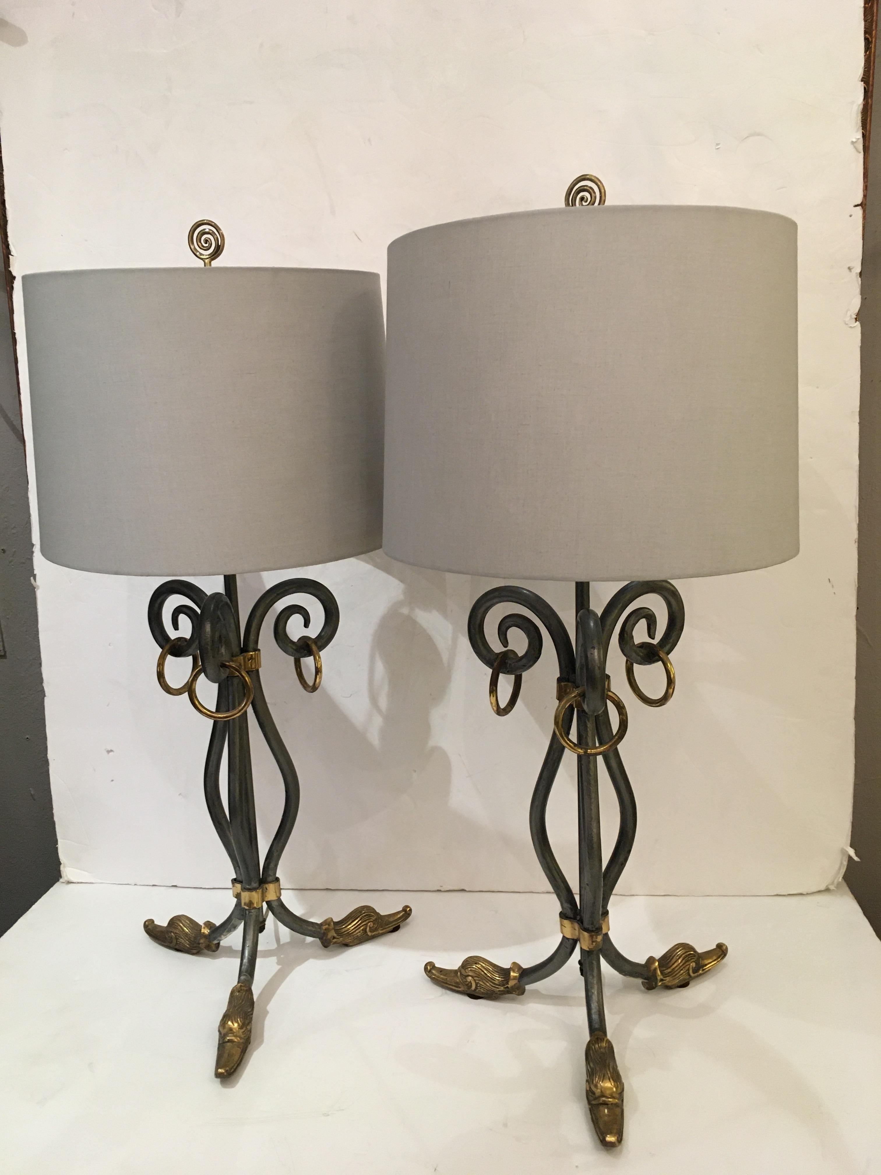Stylish Pair of Silver Iron and Brass Table Lamps with Duck Feet In Good Condition For Sale In Hopewell, NJ