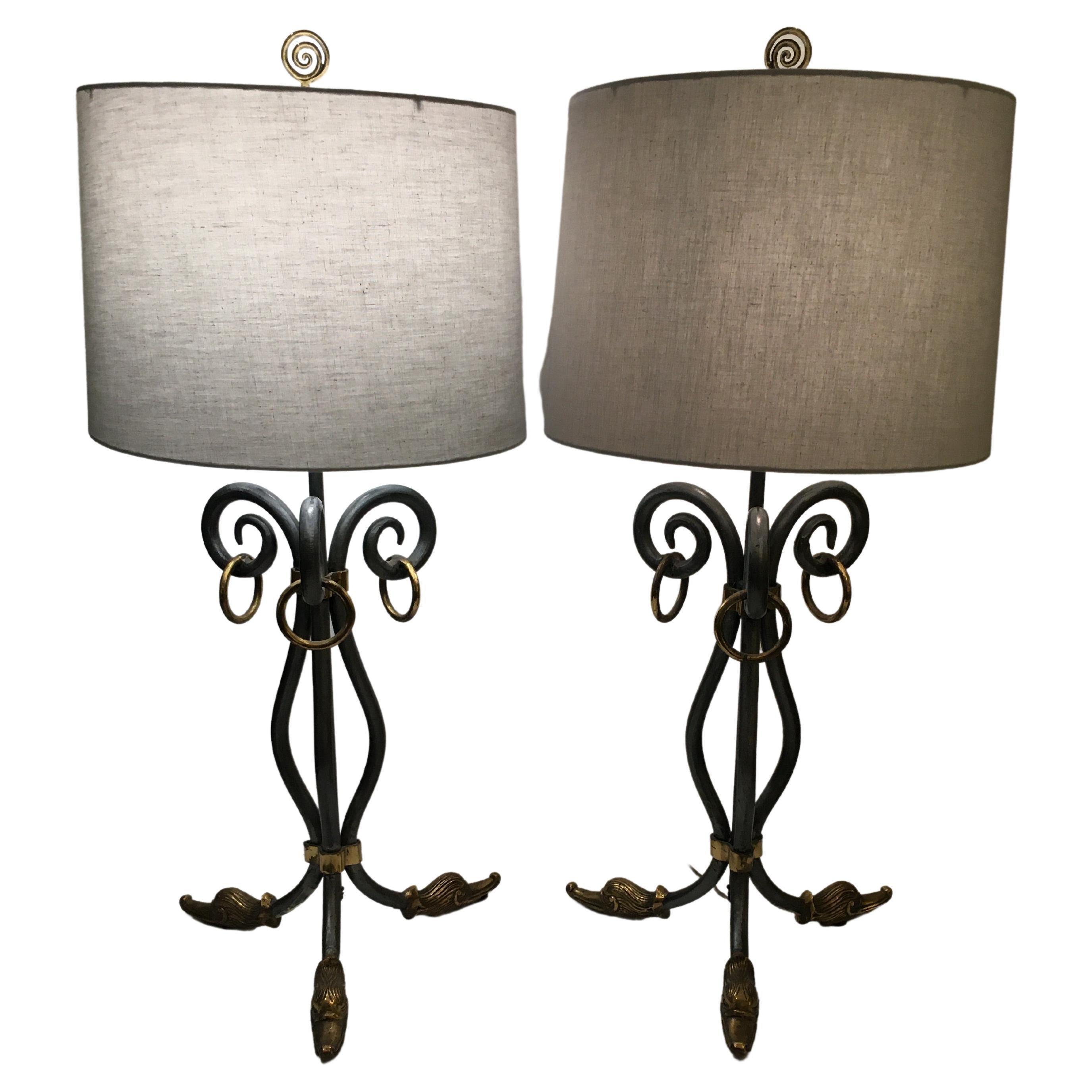 Stylish Pair of Silver Iron and Brass Table Lamps with Duck Feet For Sale