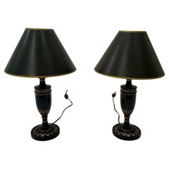 Stylish Pair of Small Ebonized Wood Greek Key Decorated Table Lamps
