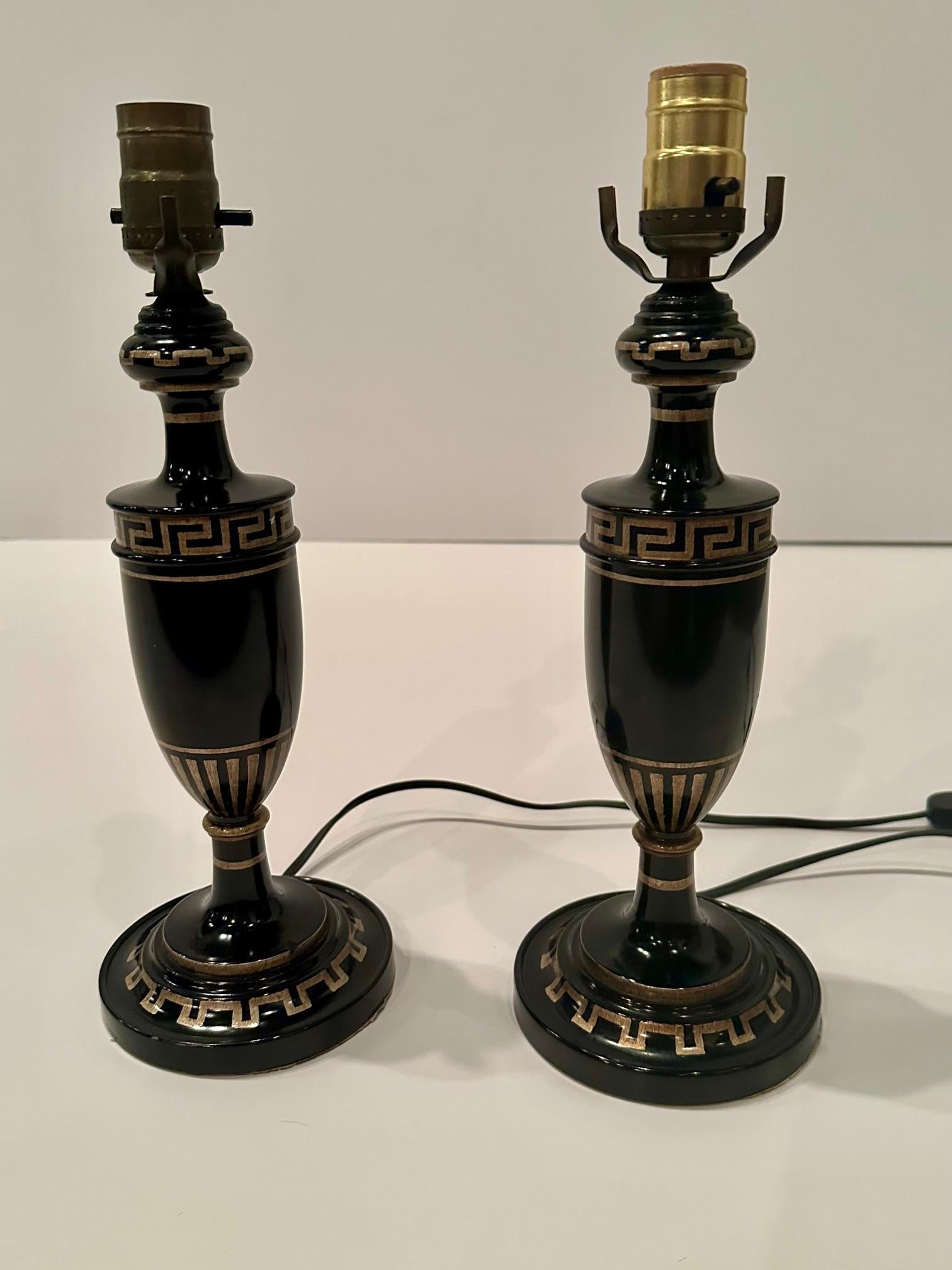 Gilt Stylish Pair of Small Ebonized Wood Greek Key Decorated Table Lamps For Sale