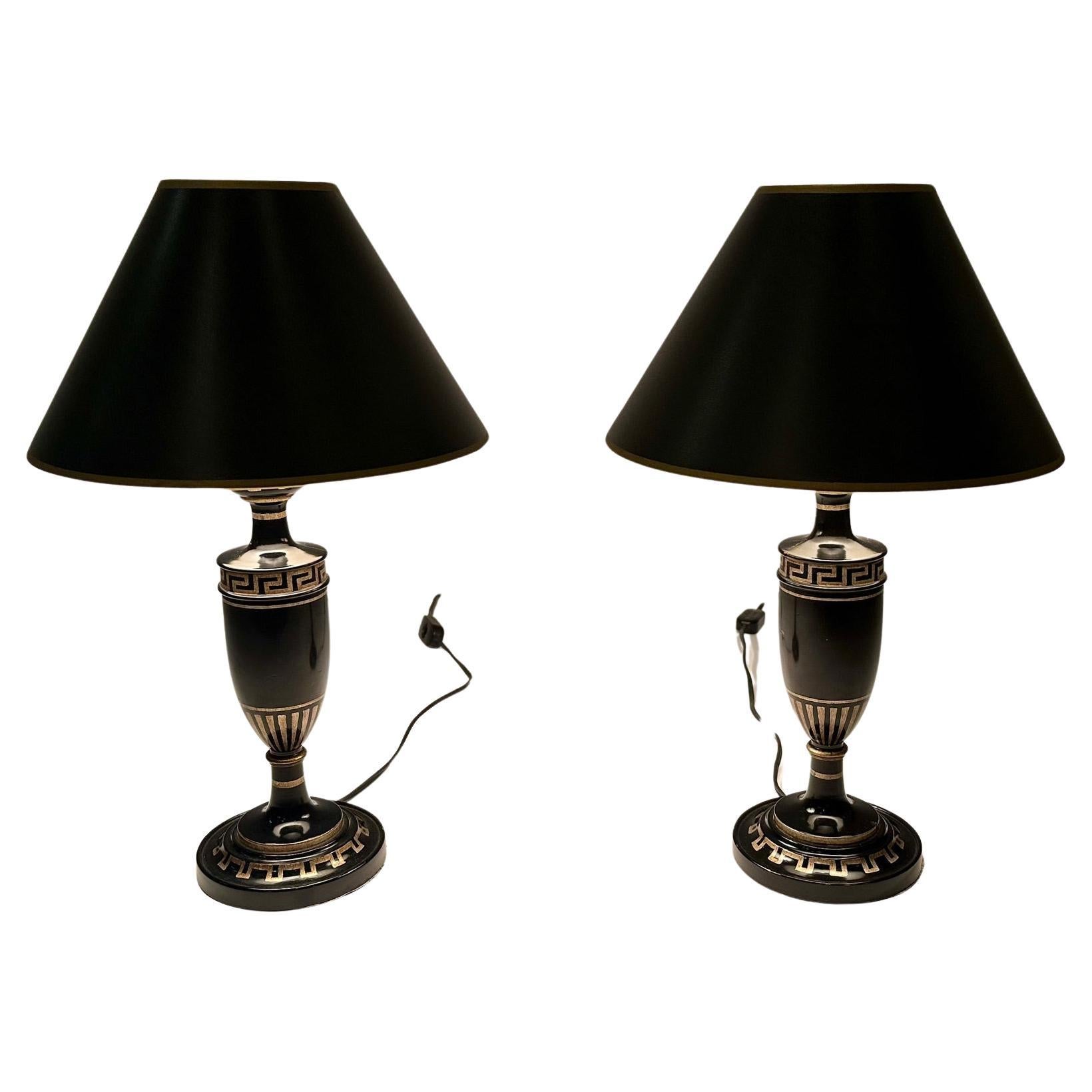 Stylish Pair of Small Ebonized Wood Greek Key Decorated Table Lamps For Sale