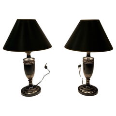 Stylish Pair of Small Ebonized Wood Greek Key Decorated Table Lamps