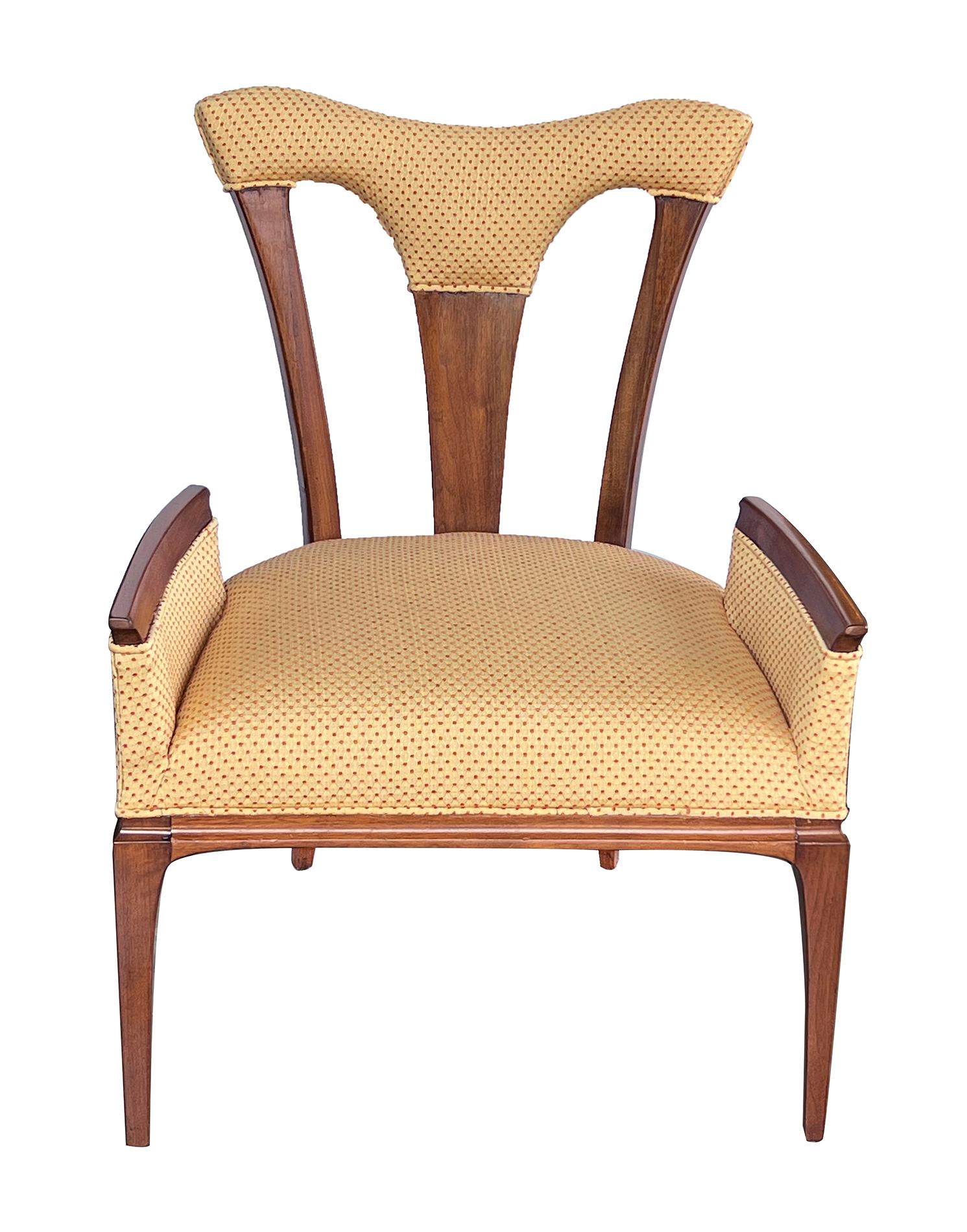 each with padded crest rail above an openwork back over a tight seat with a channeled apron; flanked by upright arm rests