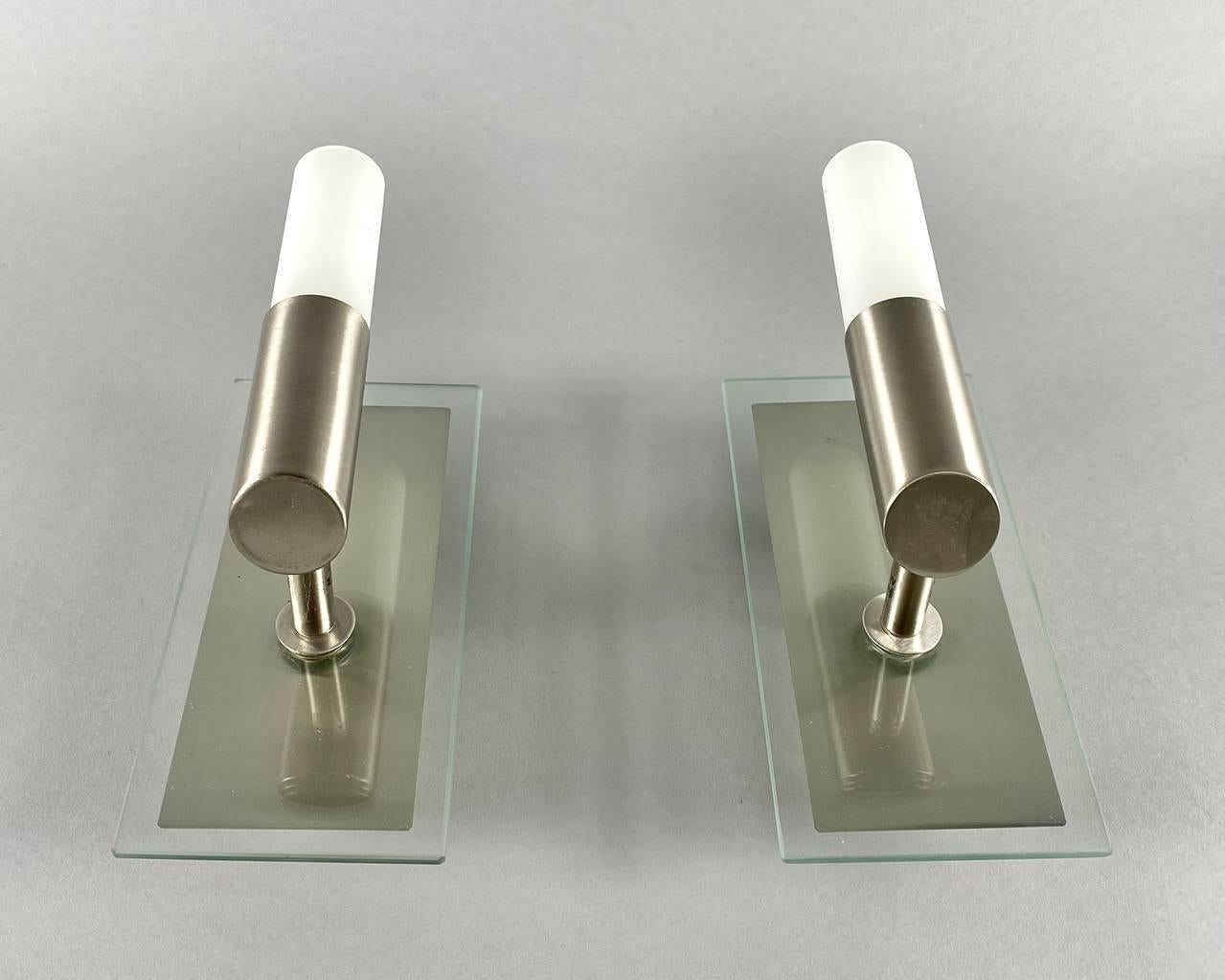 Stylish Pair of Wall Sconces with Glass and Metal Fittings  Vintage Set 2 For Sale 1