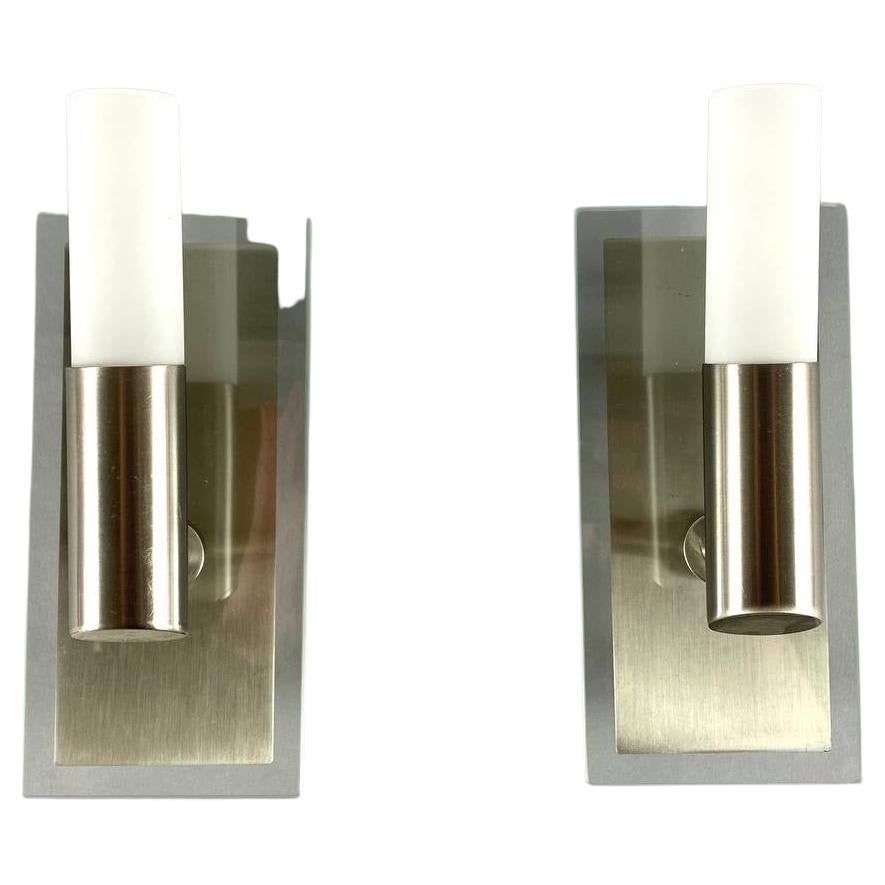 Stylish Pair of Wall Sconces with Glass and Metal Fittings  Vintage Set 2 For Sale