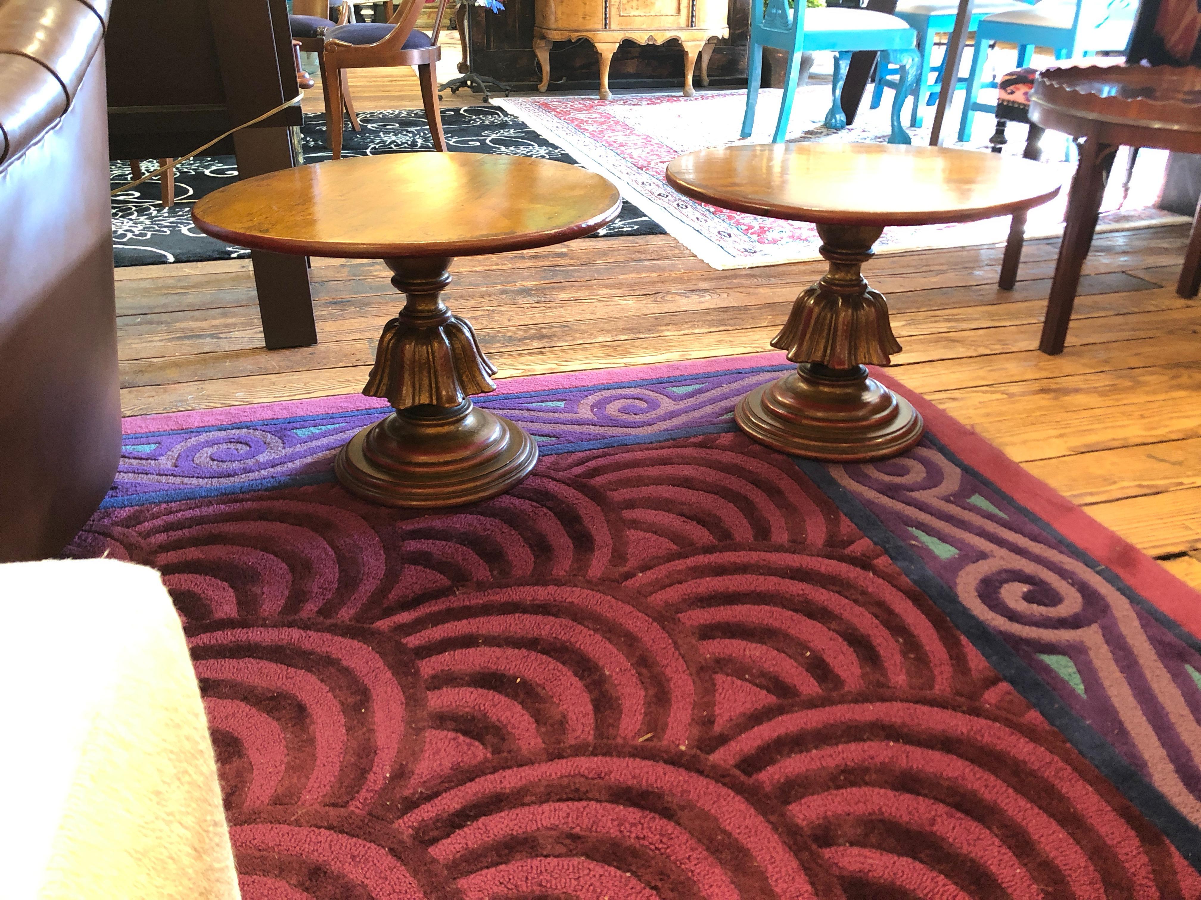 American Stylish Pair of Warmly Gilded Round End Tables