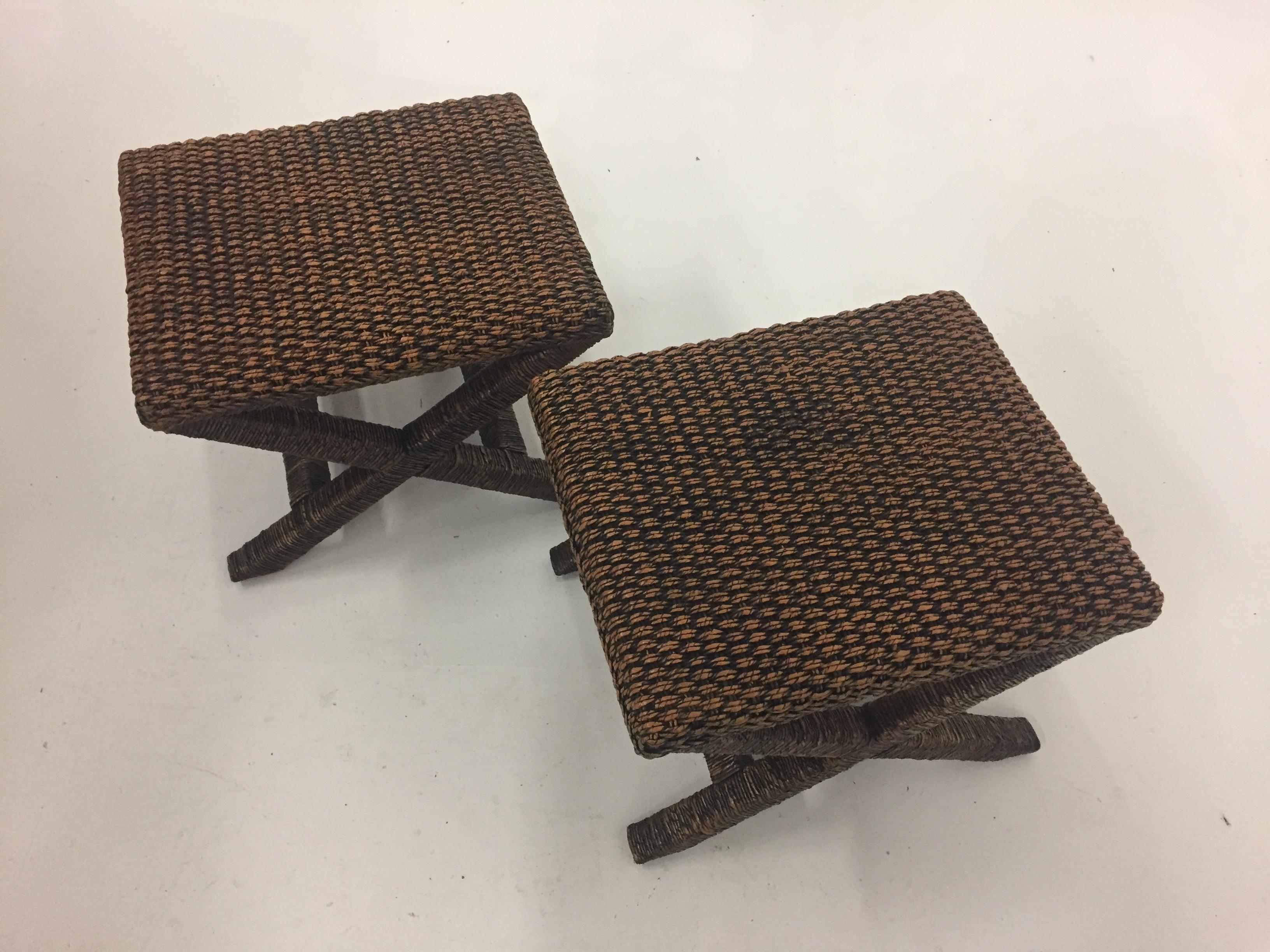 Mid-Century Modern Stylish Pair of Water Hyacinth Raffia Classic X-Style Benches