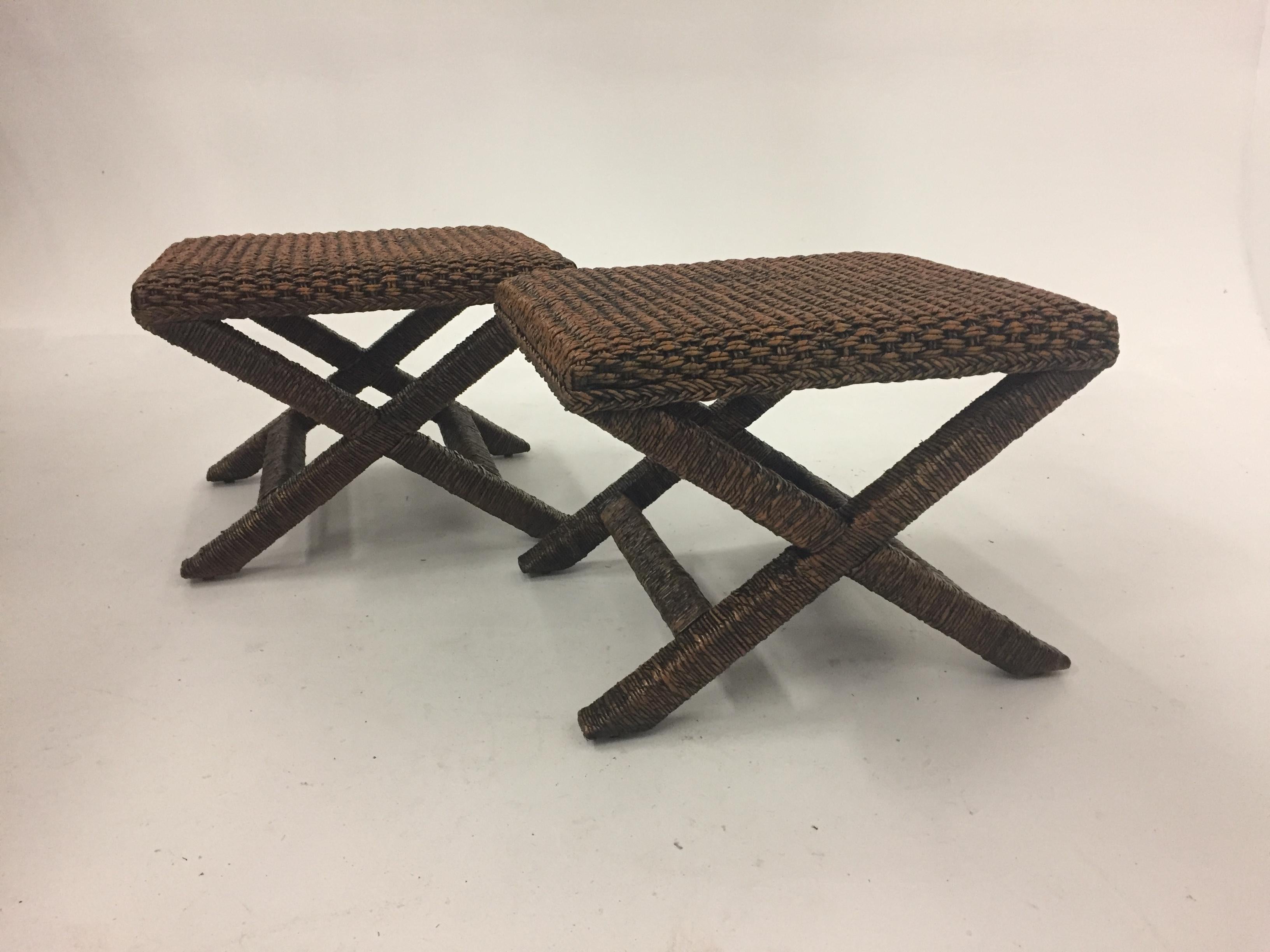 Late 20th Century Stylish Pair of Water Hyacinth Raffia Classic X-Style Benches