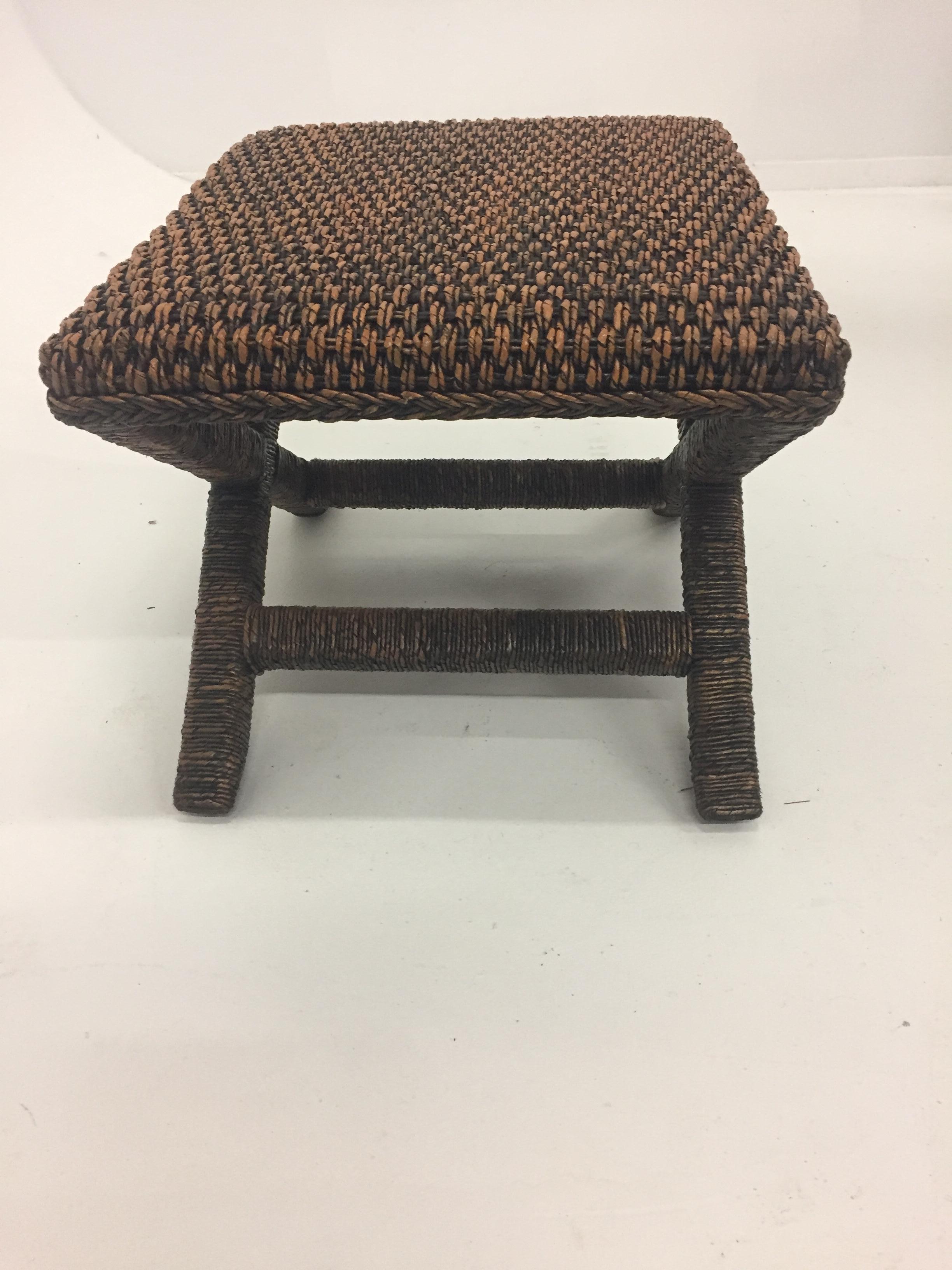Stylish Pair of Water Hyacinth Raffia Classic X-Style Benches 2