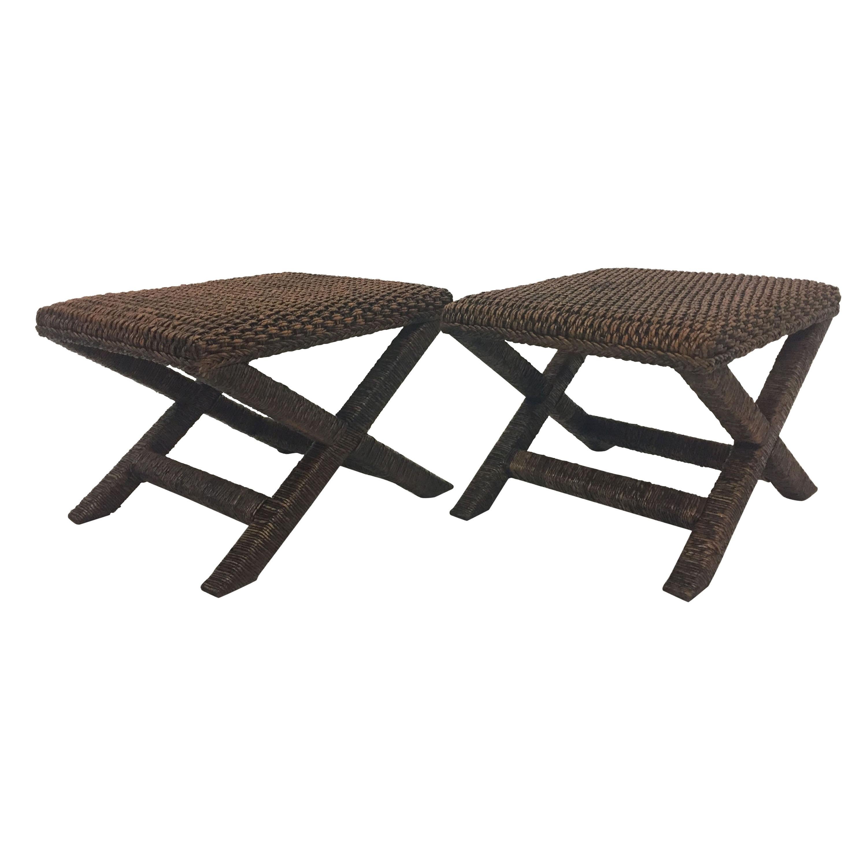 Stylish Pair of Water Hyacinth Raffia Classic X-Style Benches