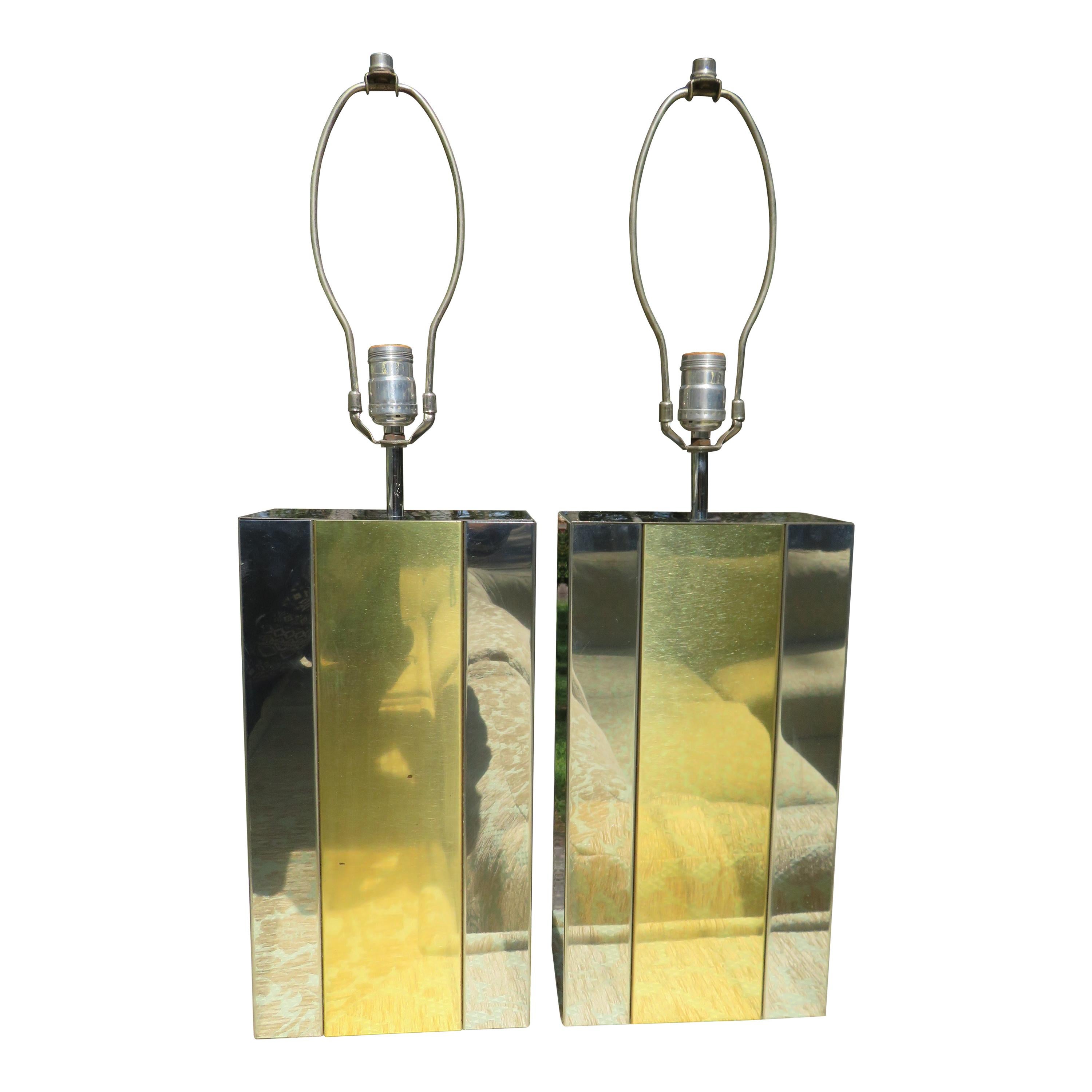 Stylish Pair Paul Evans Style Cityscape Chrome Brass Lamps Mid-Century Modern
