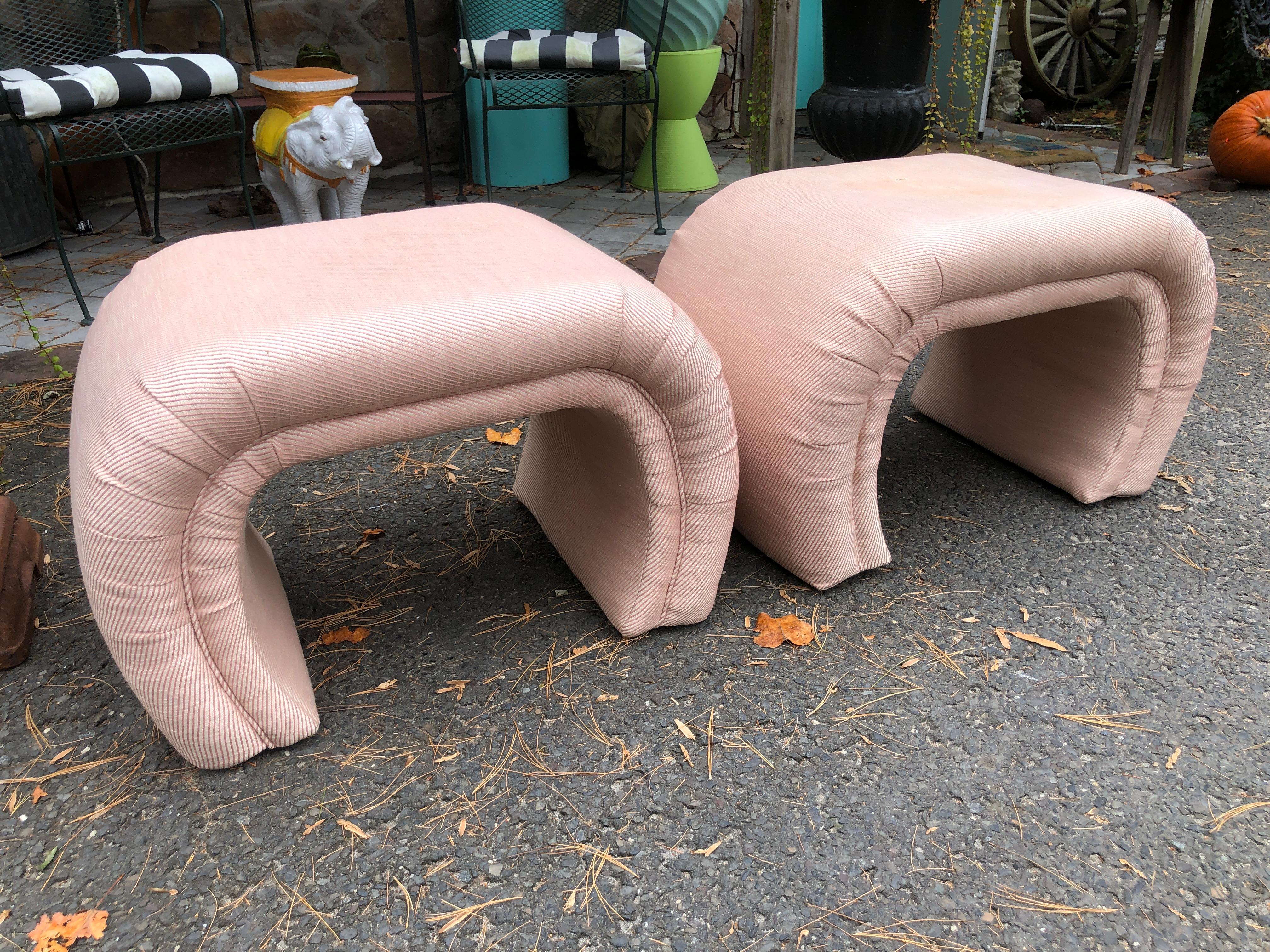 Sculptural pair of Vladimir Kagan for Directional waterfall ottomans.  This pair will need to be reupholstered original fabric is worn and dated.  They measure 17.5