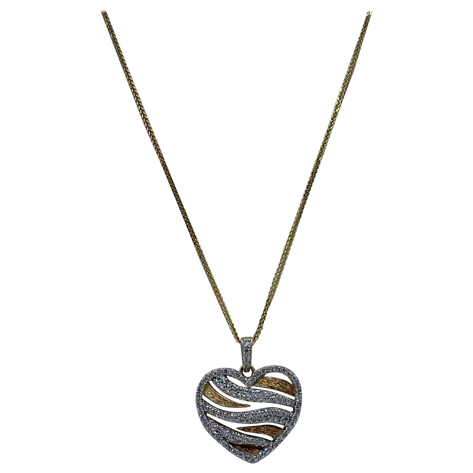 Stylish Pave Diamond Zebra Stripe Heart Pendant Two-Tone Yellow Gold with Chain For Sale