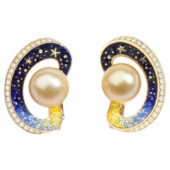 Stylish Pearl Earrings with White Diamonds and Micromosaic