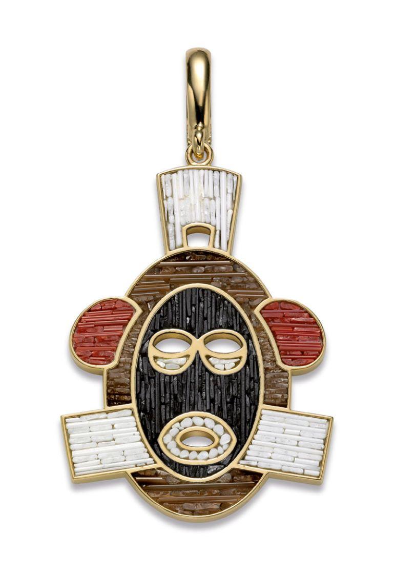 Stylish Pendant Charm Mask Yellow Gold Micro Mosaic Designed by Fuksas In New Condition For Sale In London, GB