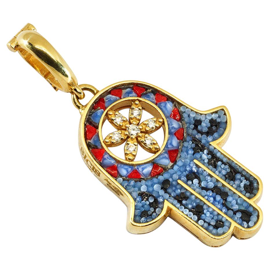 Stylish Pendant Yellow Gold White Diamonds Hand Decorated with Micro Mosaic For Sale