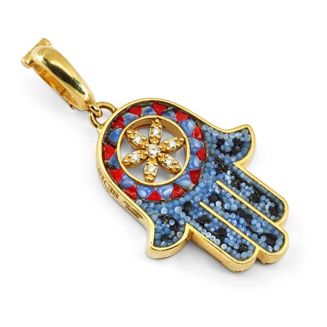 Contemporary Stylish Pendant Yellow Gold White Diamonds Hand Decorated with Micro Mosaic For Sale