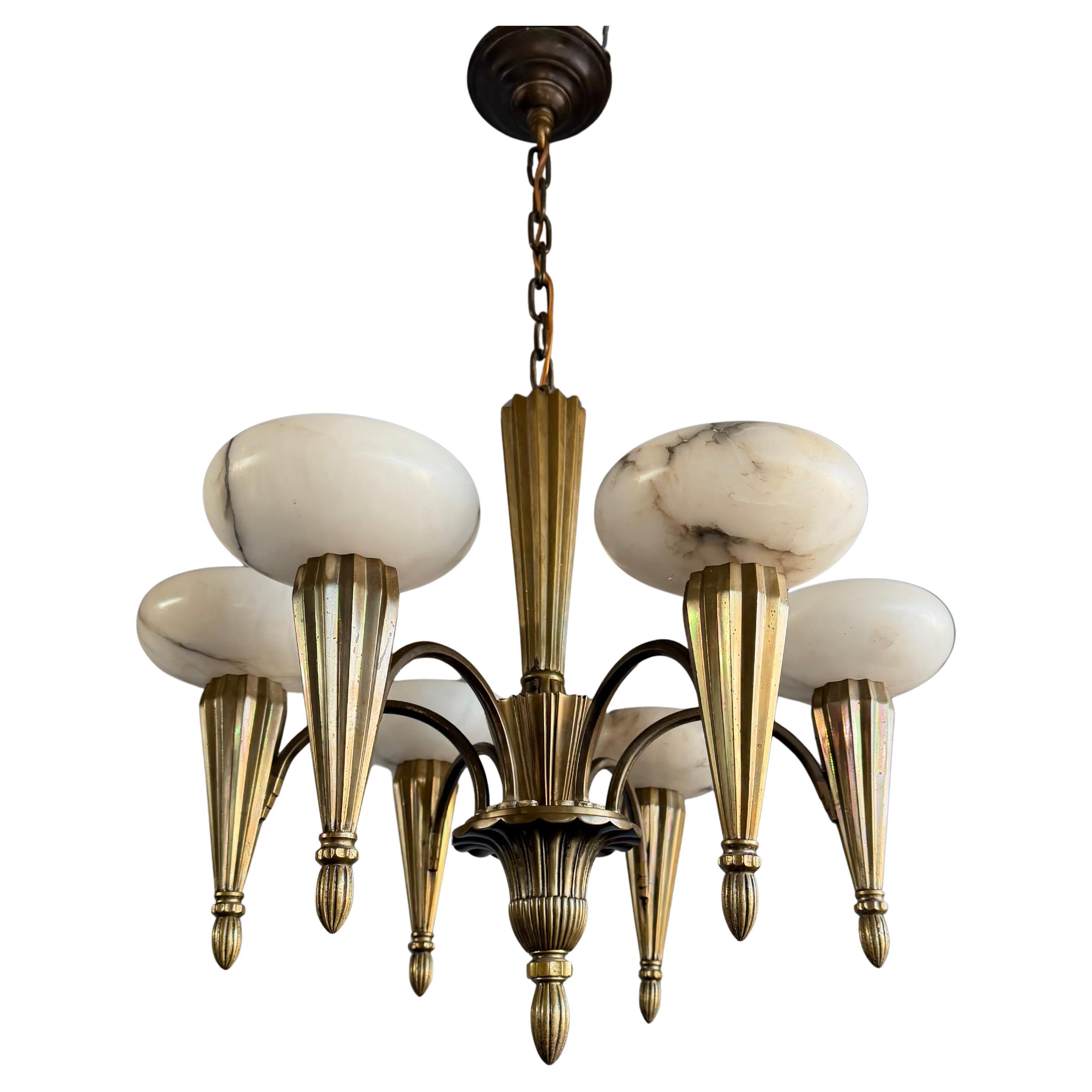 Stylish 
Perfect Size Bronze Art Deco Chandelier / Pendant w. Alabaster Shades