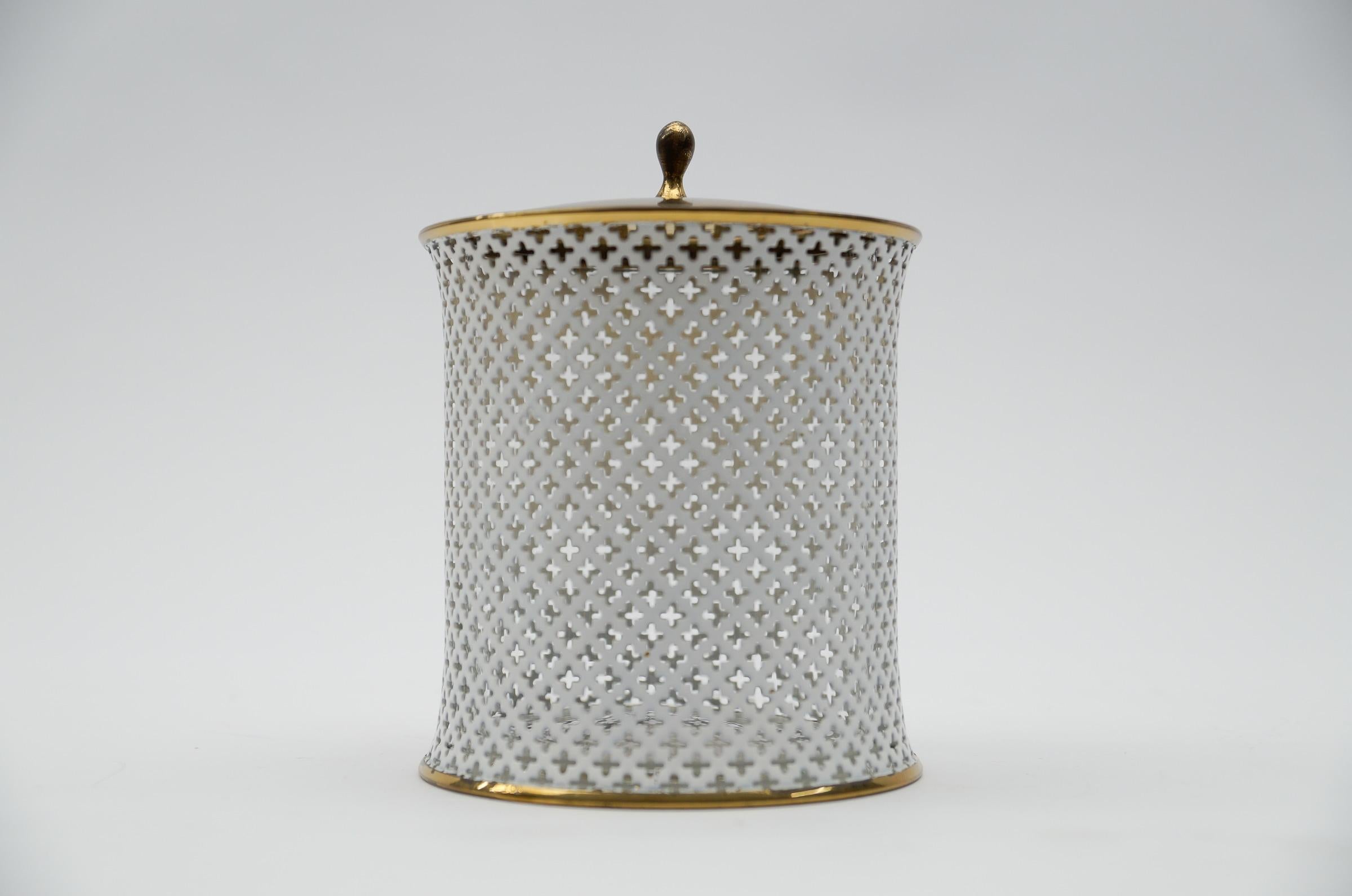 Stylish perforated metal, brass and glass mategot style cosmetic lidded tin, 1950s