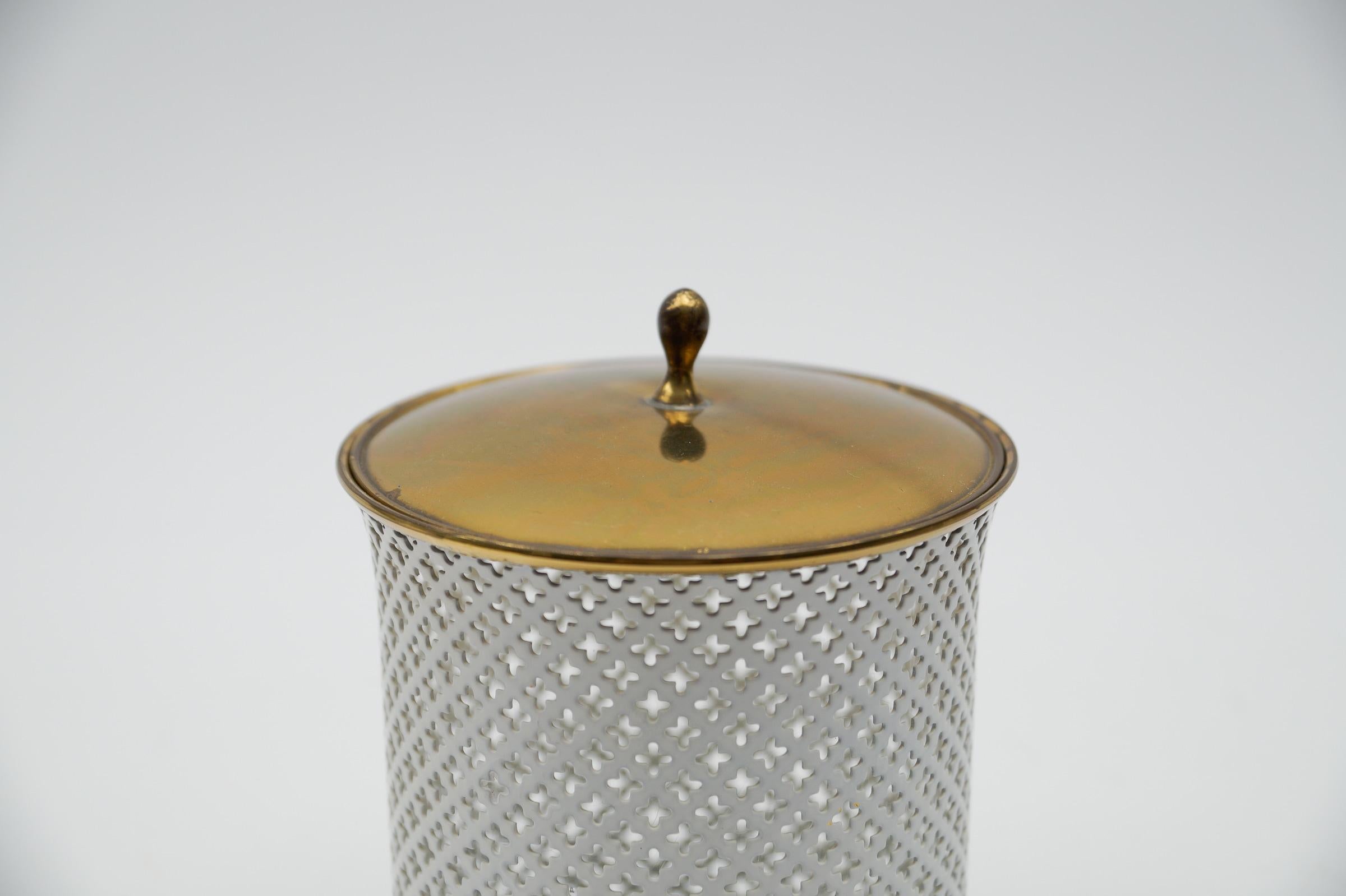 Mid-Century Modern Stylish perforated metal, brass and glass mategot style cosmetic lidded tin  For Sale