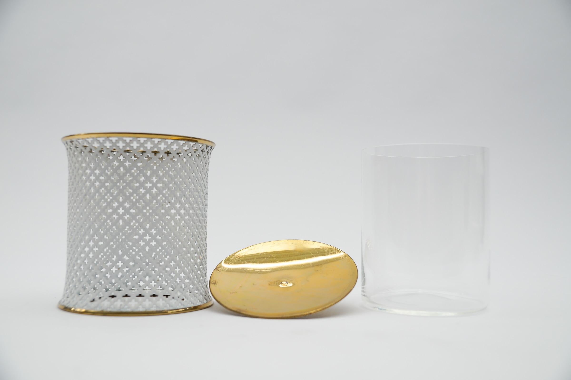 Mid-20th Century Stylish perforated metal, brass and glass mategot style cosmetic lidded tin  For Sale