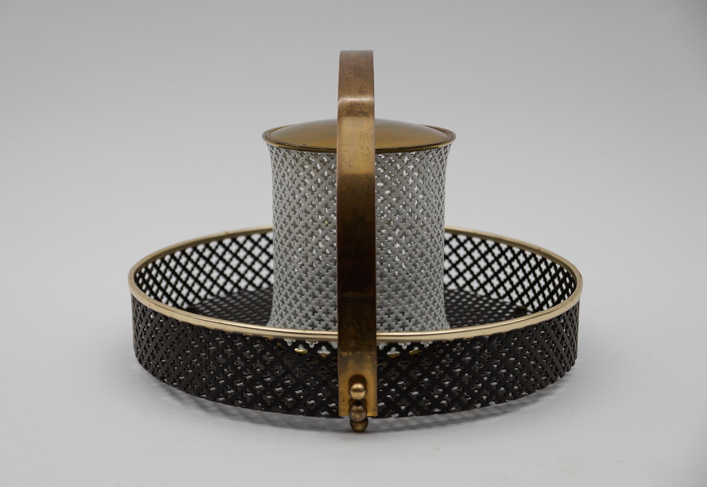 Metal Stylish perforated metal, brass and glass mategot style cosmetic lidded tin  For Sale