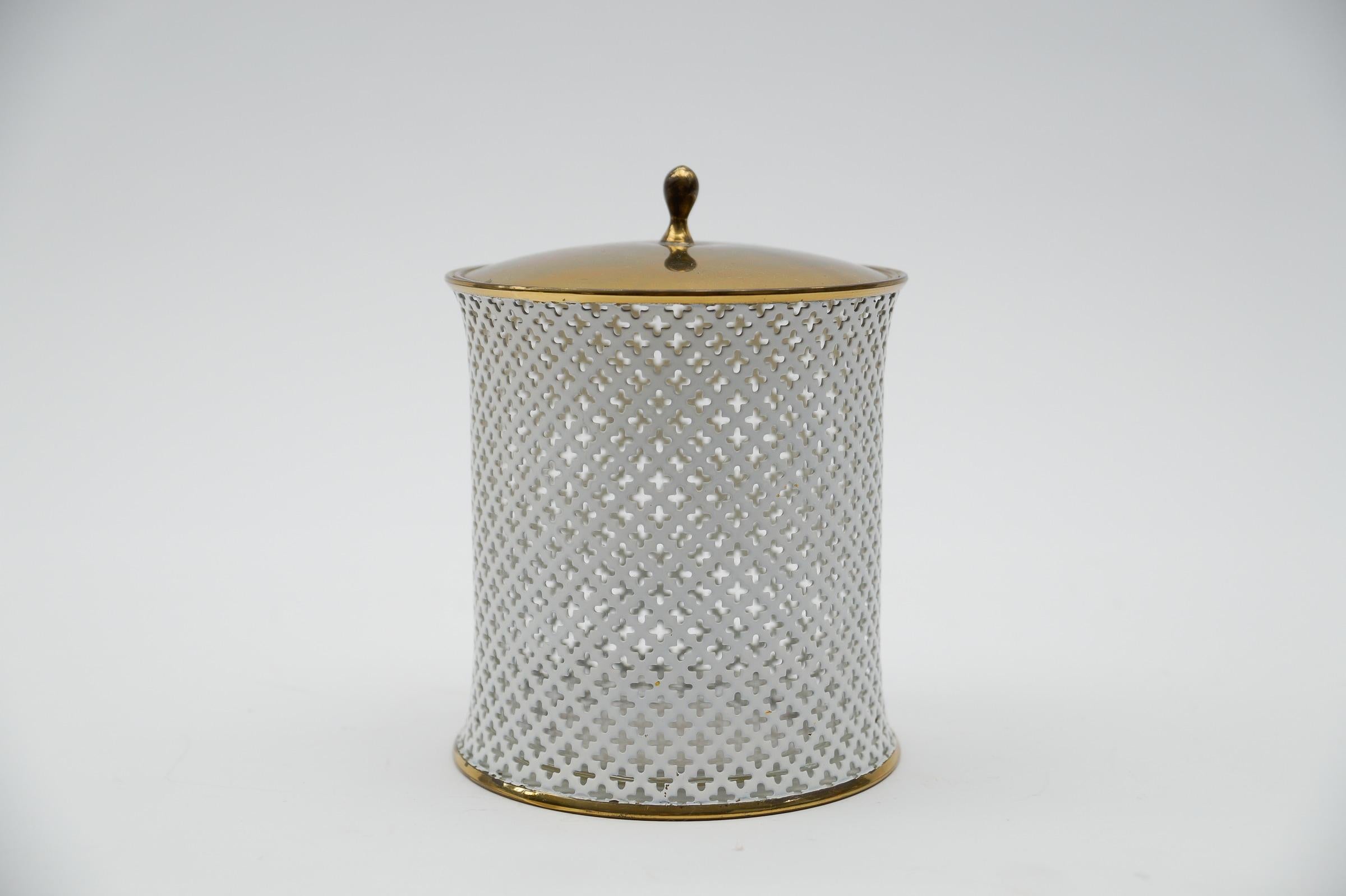 Stylish perforated metal, brass and glass mategot style cosmetic lidded tin  For Sale 2