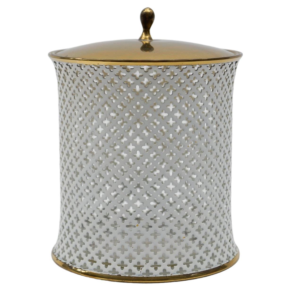Stylish perforated metal, brass and glass mategot style cosmetic lidded tin