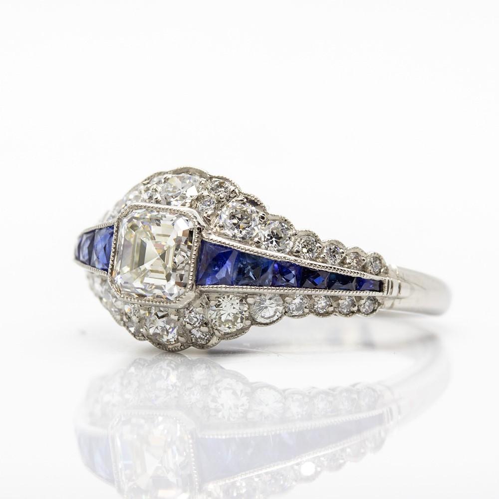Asscher Cut Stylish Platinum Diamonds and Sapphires Ring For Sale