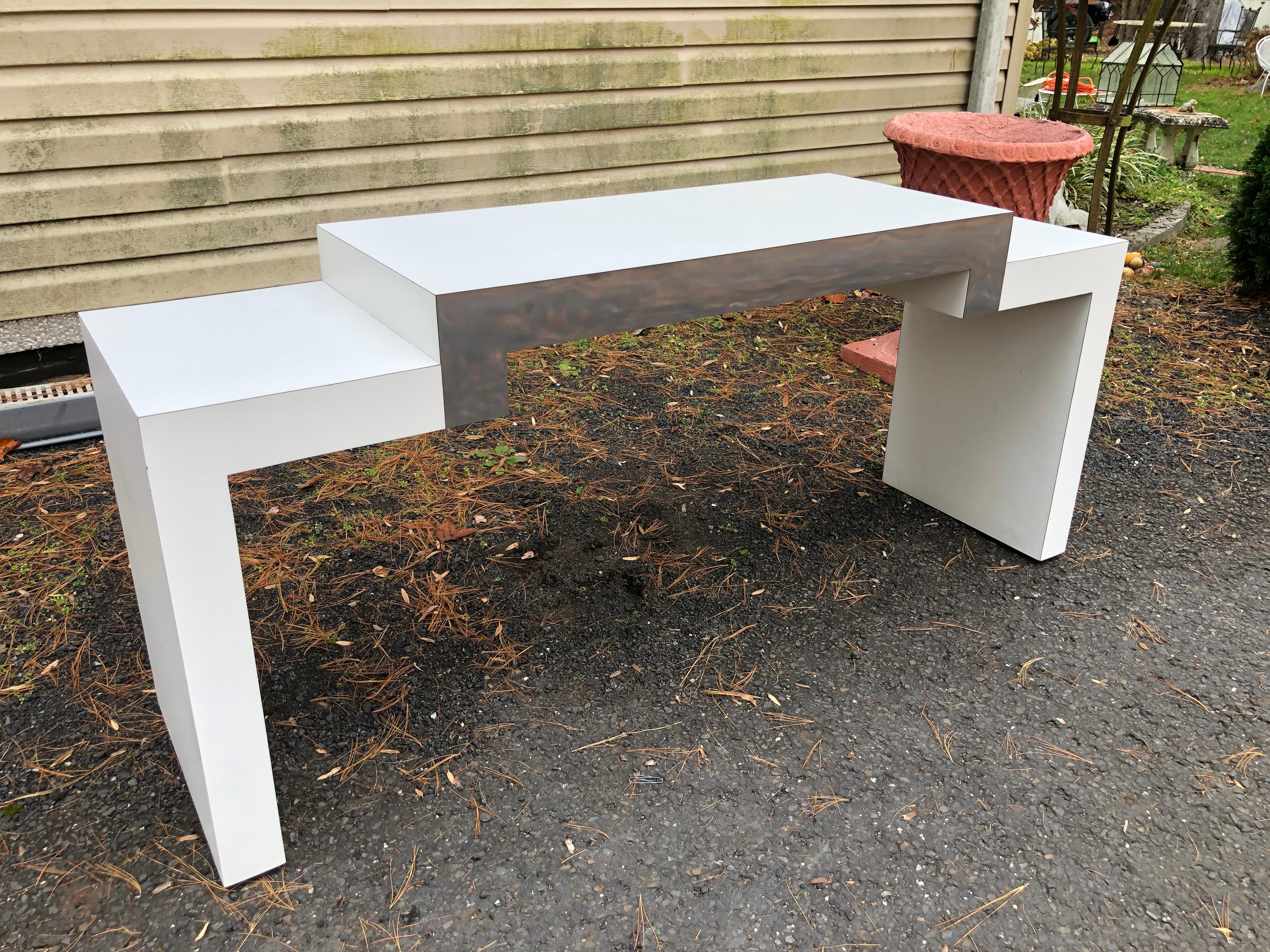 Stylish Postmodern Milo Baughman style Laminated Geometric Console Sofa Table  For Sale 6