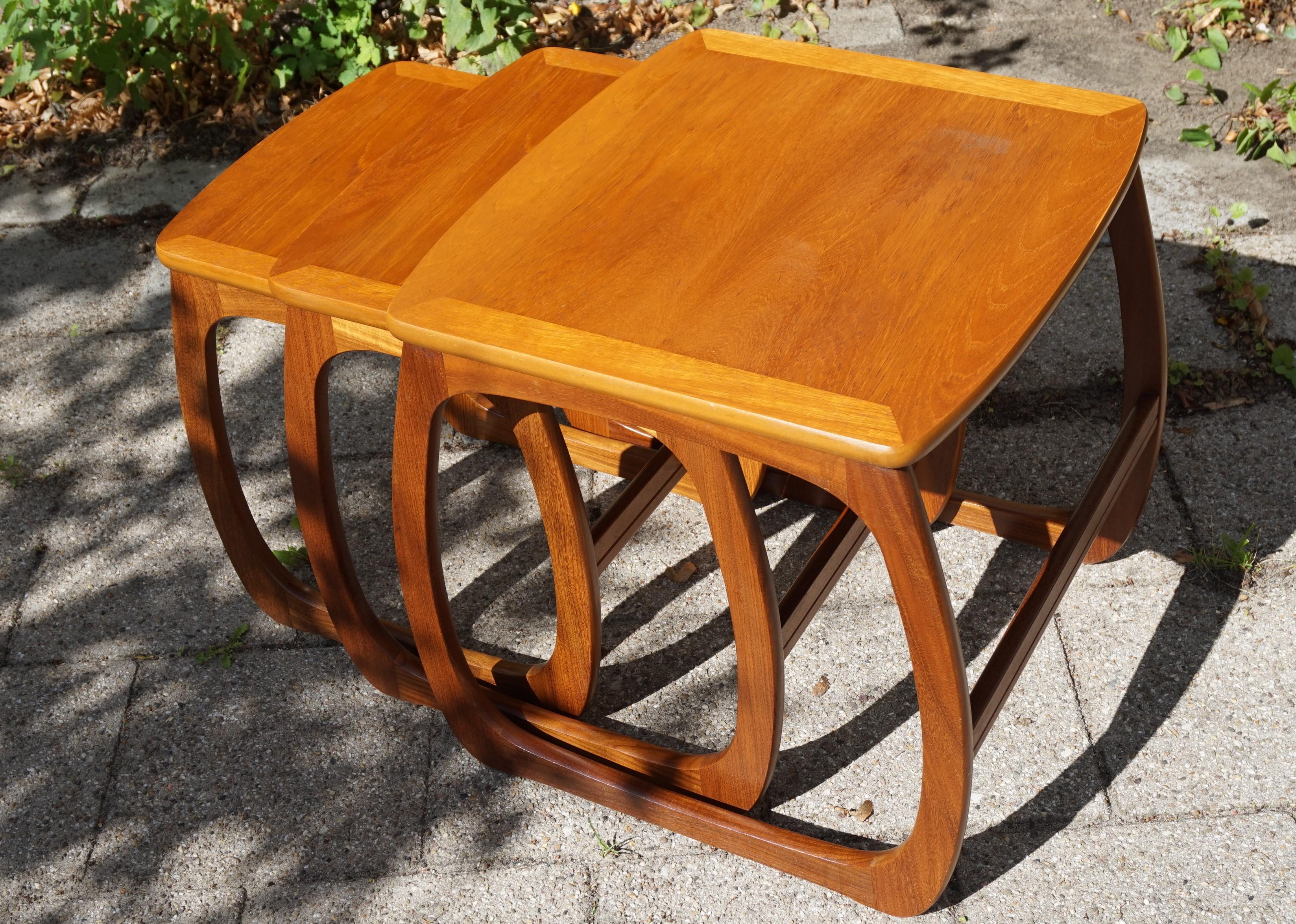 Stylish & Practical Mid-Century Modern Handmade Afrormosia Wood Nest of Tables For Sale 7