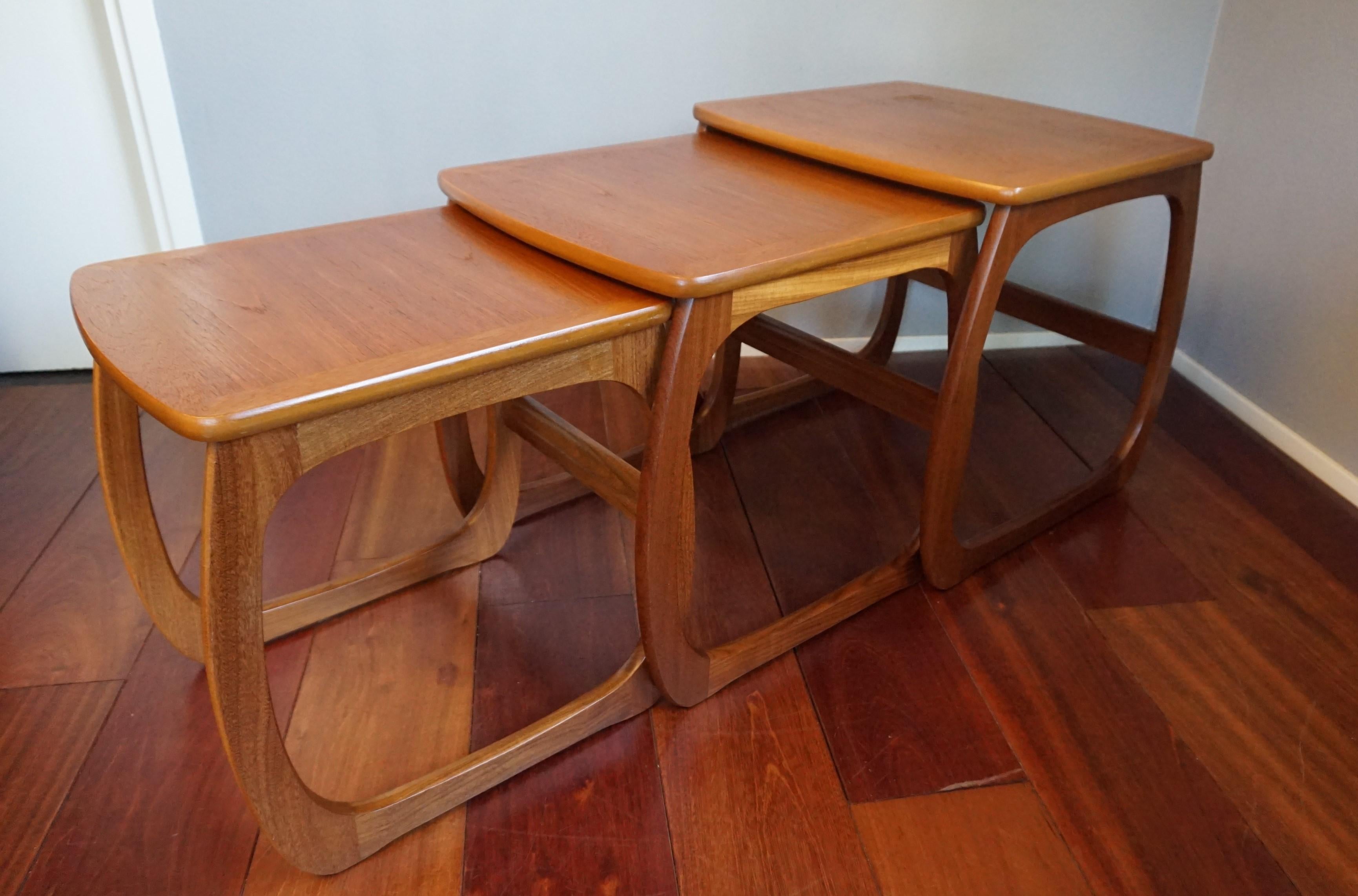 Stylish & Practical Mid-Century Modern Handmade Afrormosia Wood Nest of Tables For Sale 10