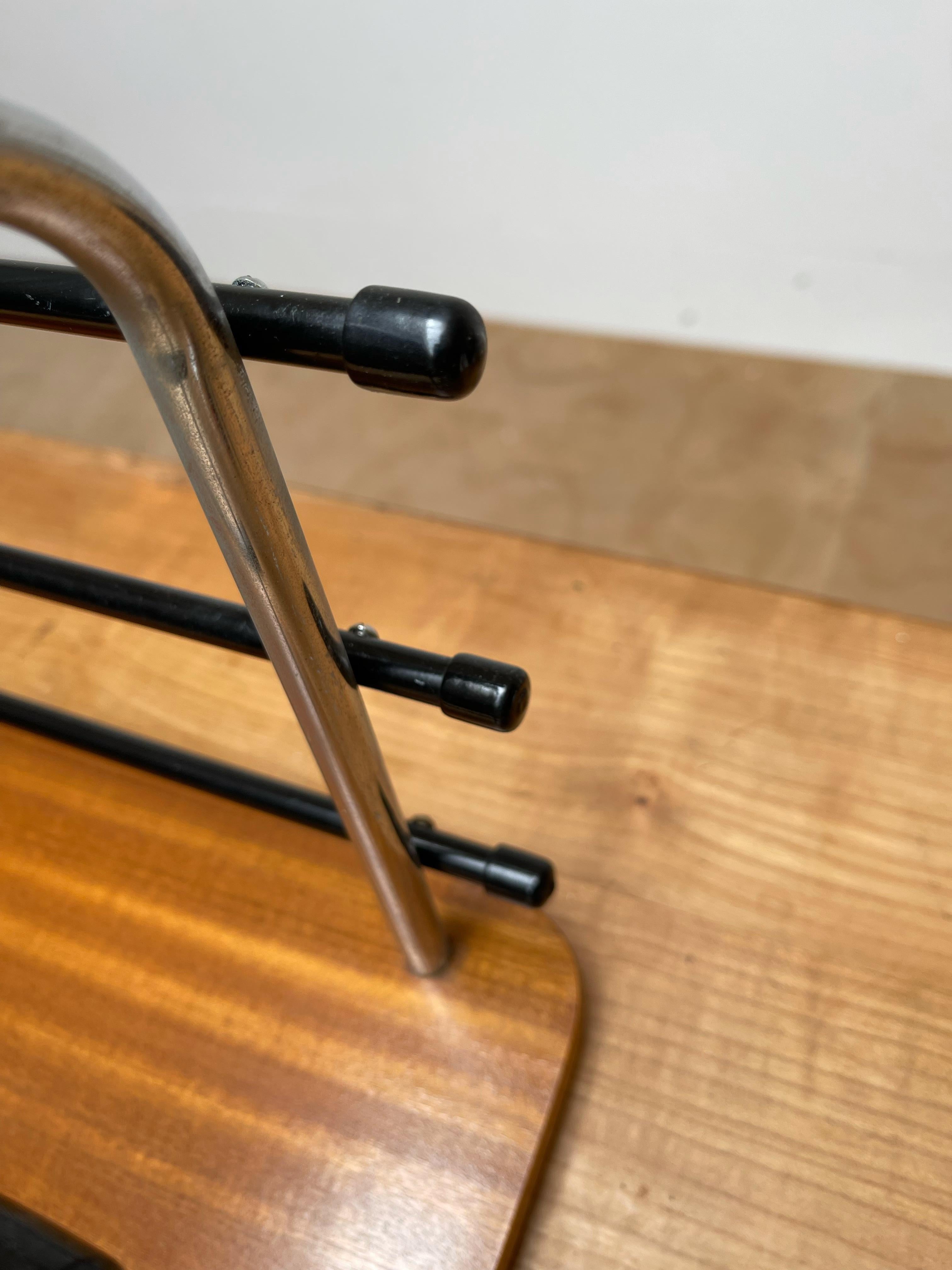 Stylish & Practical Mid-Century Modern Wood, Chrome and Blackened Wall Coat Rack For Sale 3