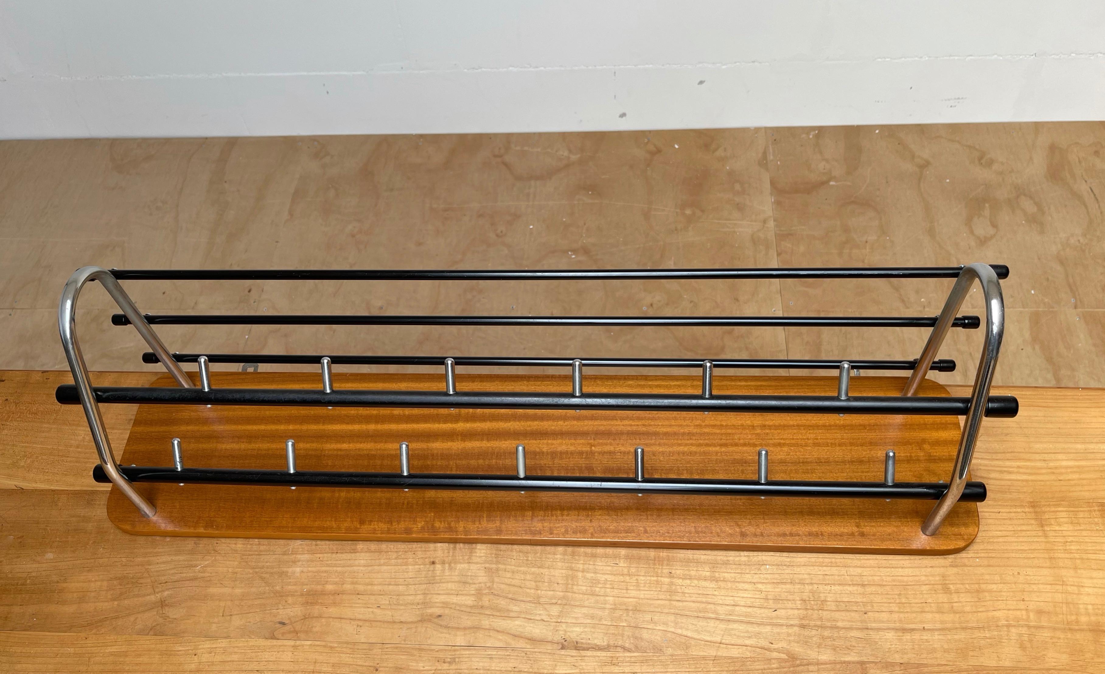 Stylish & Practical Mid-Century Modern Wood, Chrome and Blackened Wall Coat Rack For Sale 7
