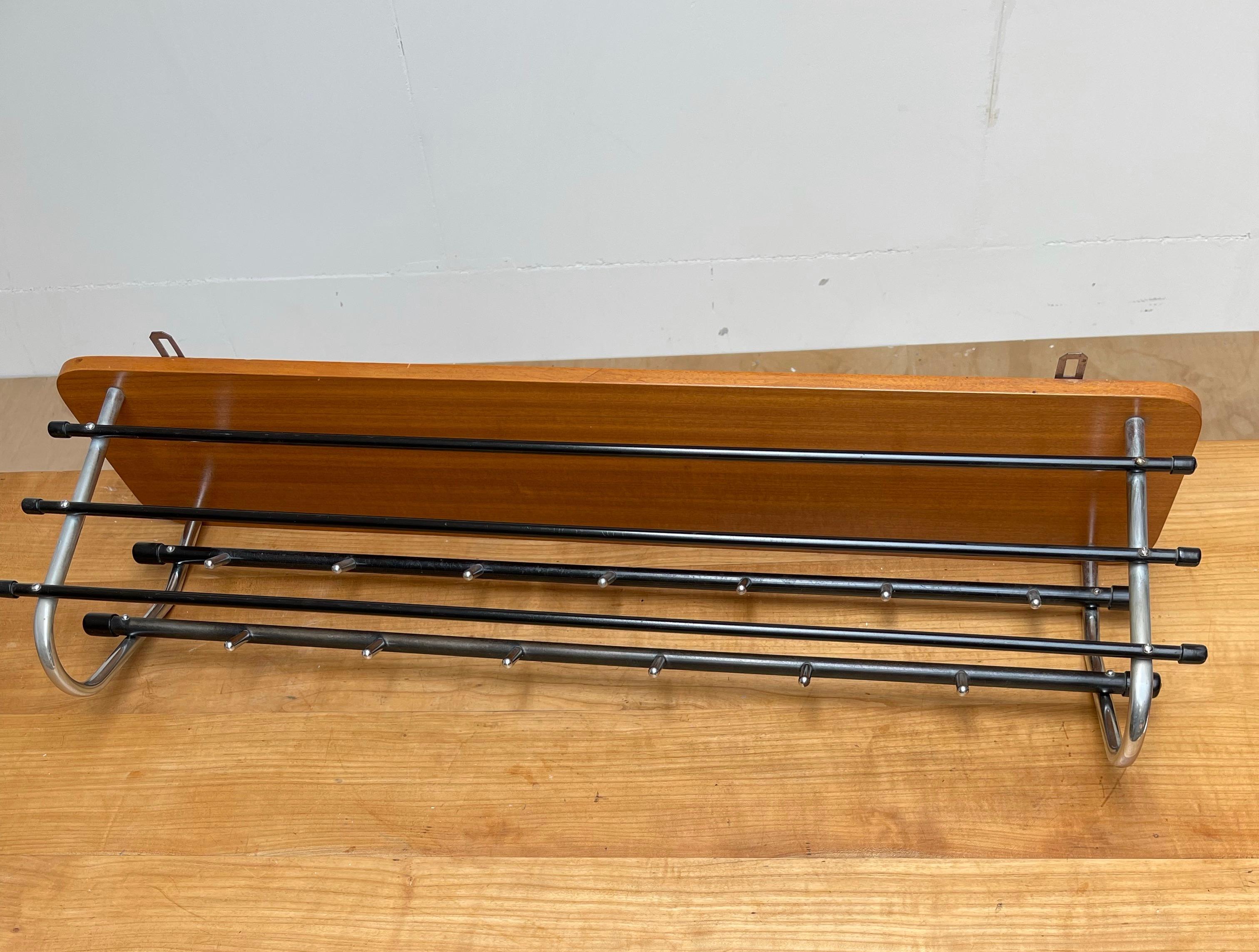 Stylish & Practical Mid-Century Modern Wood, Chrome and Blackened Wall Coat Rack For Sale 8