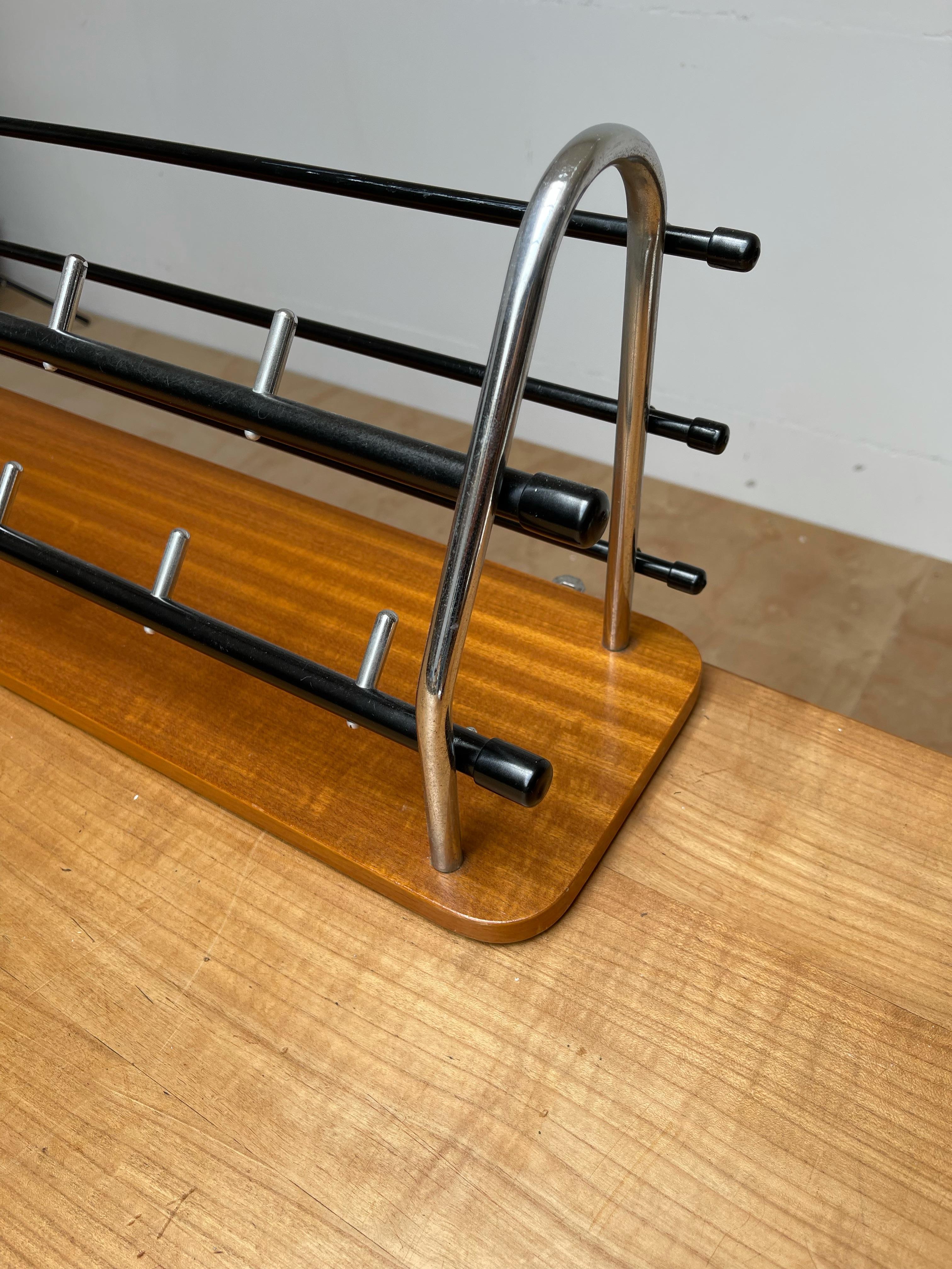 Stylish & Practical Mid-Century Modern Wood, Chrome and Blackened Wall Coat Rack For Sale 9