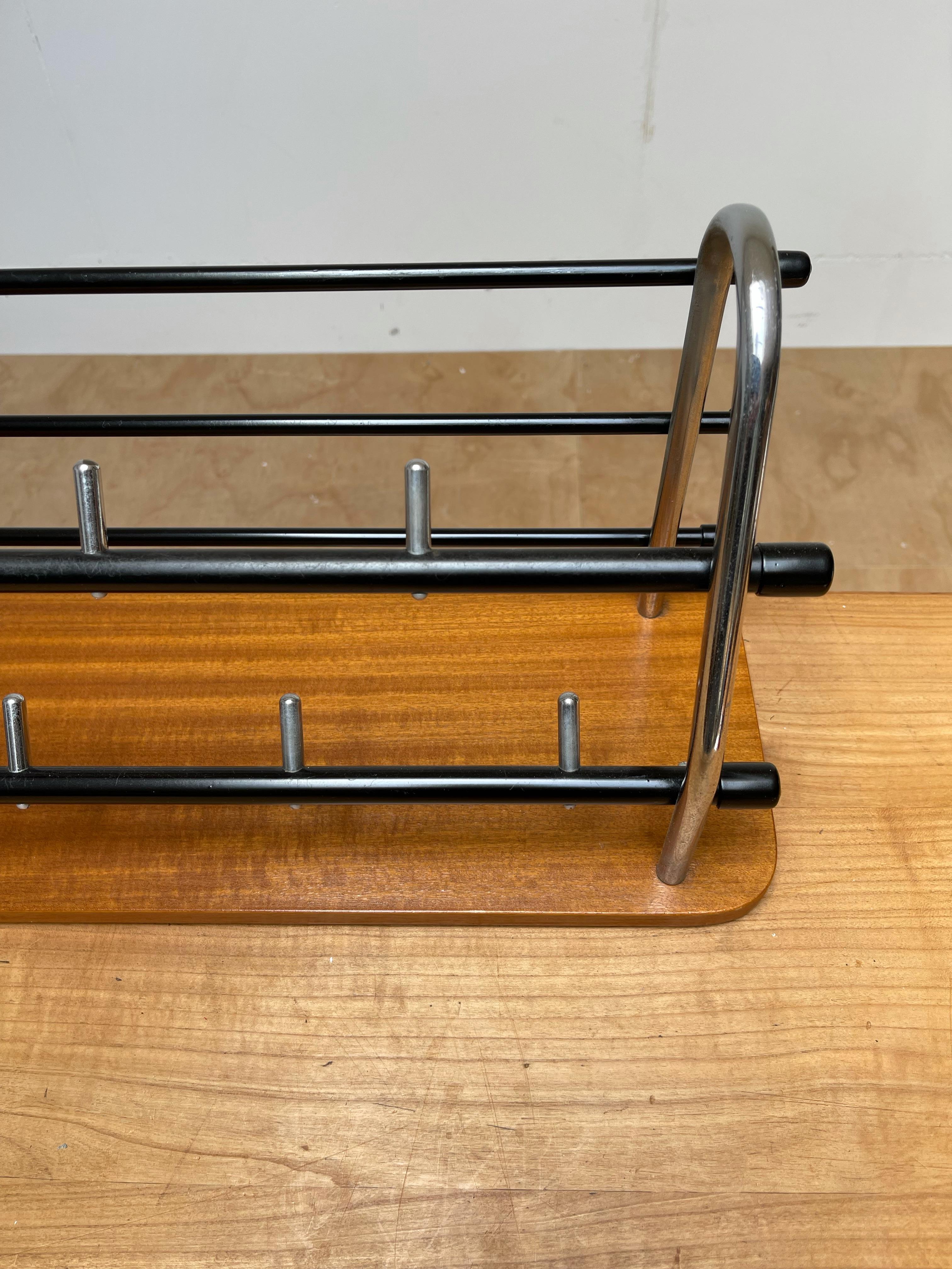 Stylish & Practical Mid-Century Modern Wood, Chrome and Blackened Wall Coat Rack For Sale 10