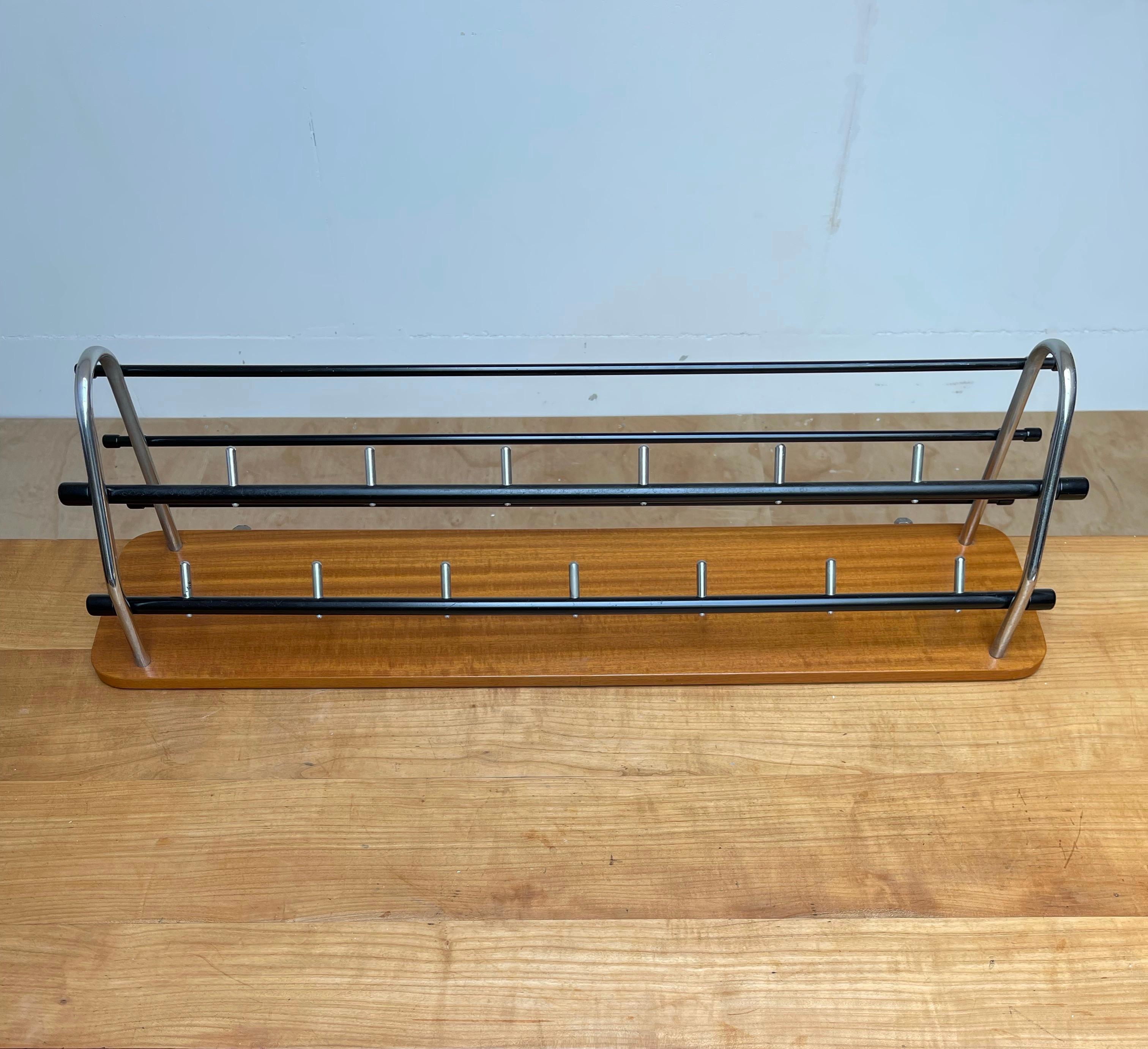 Stylish & Practical Mid-Century Modern Wood, Chrome and Blackened Wall Coat Rack For Sale 12