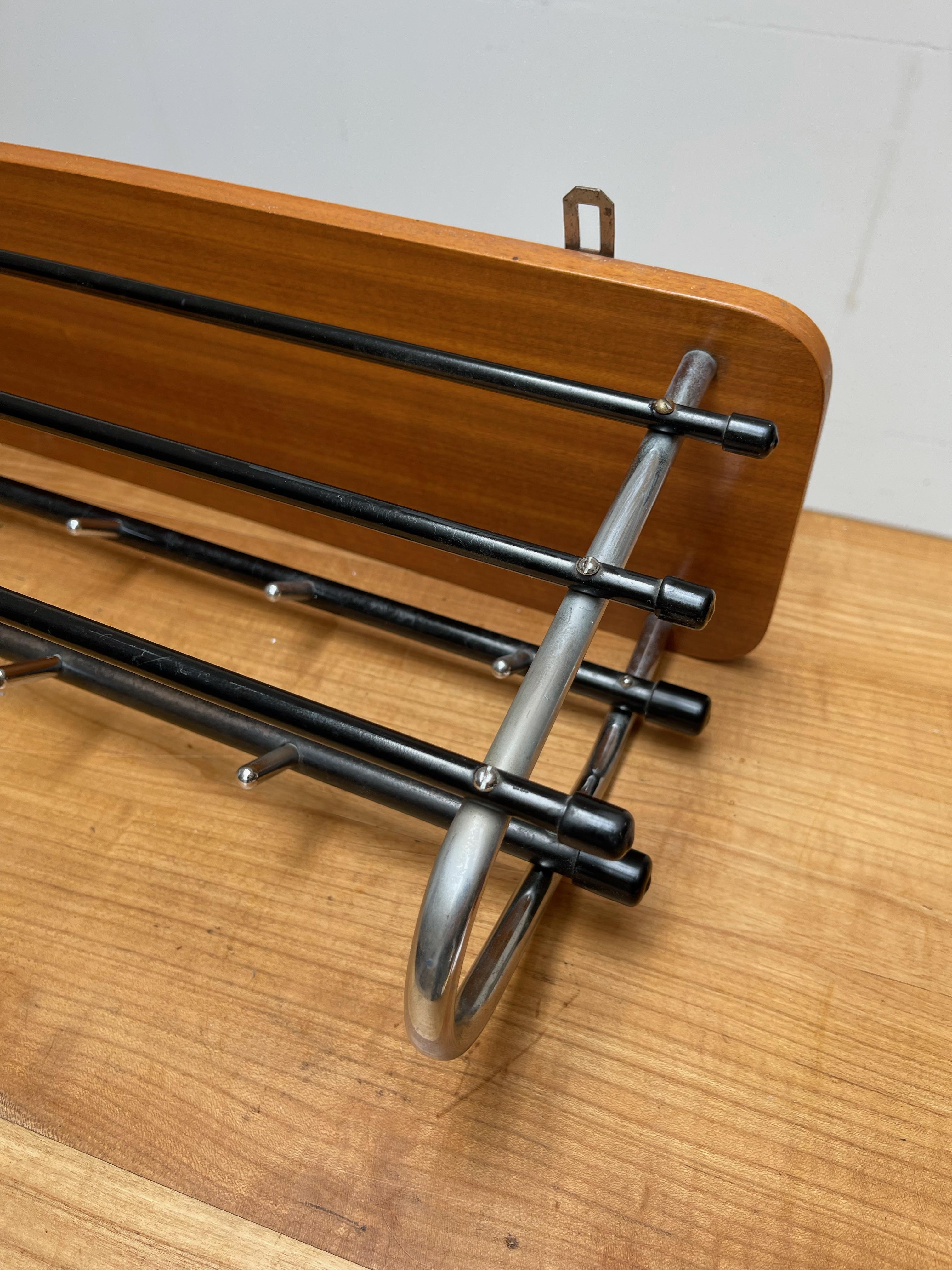Hand-Crafted Stylish & Practical Mid-Century Modern Wood, Chrome and Blackened Wall Coat Rack For Sale