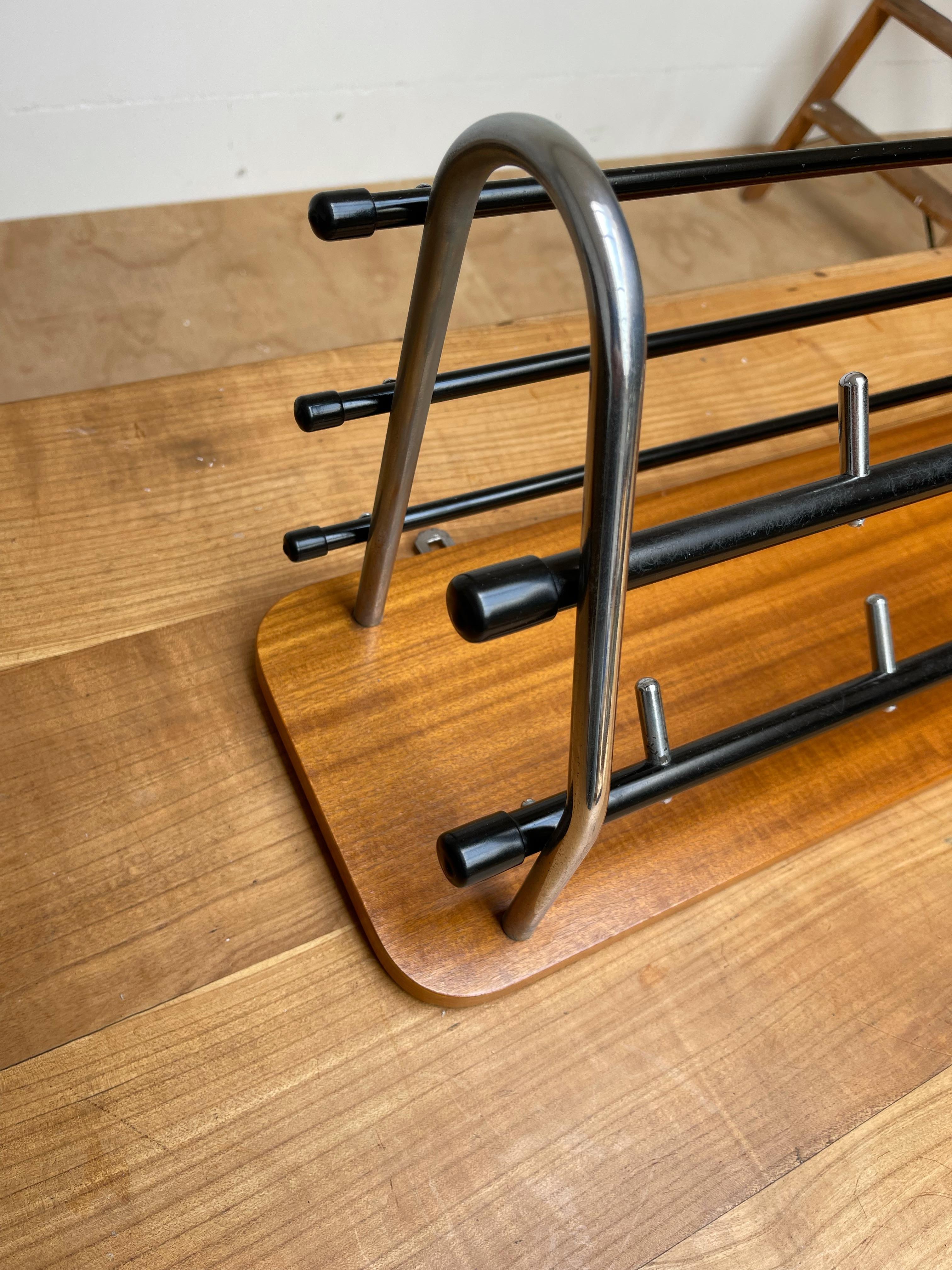20th Century Stylish & Practical Mid-Century Modern Wood, Chrome and Blackened Wall Coat Rack For Sale