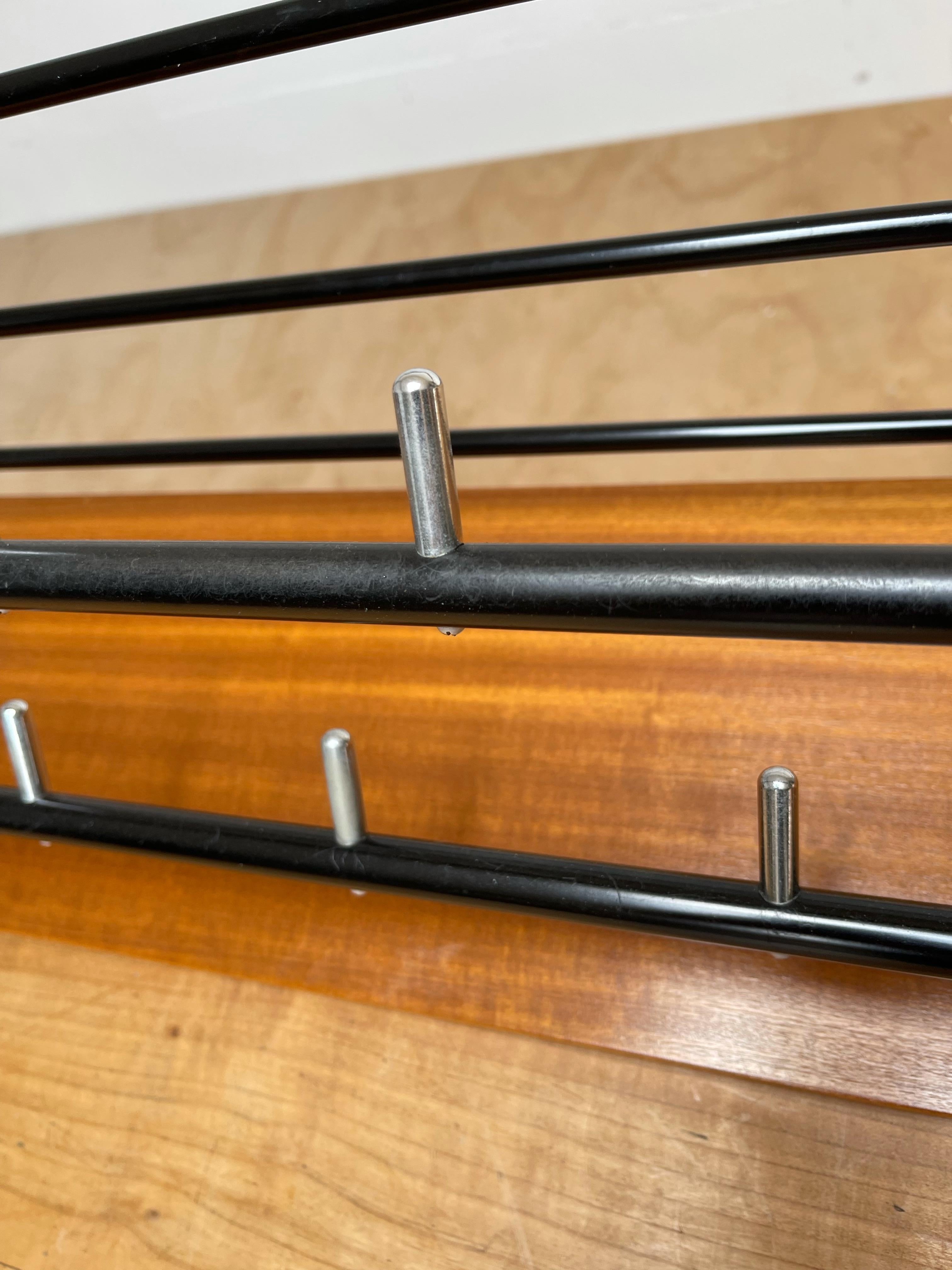 Metal Stylish & Practical Mid-Century Modern Wood, Chrome and Blackened Wall Coat Rack For Sale