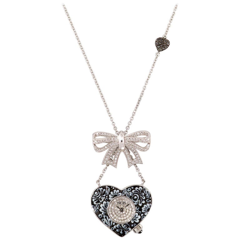 Stylish Quartz Watch Necklace Gold White and Black Diamonds Decorated