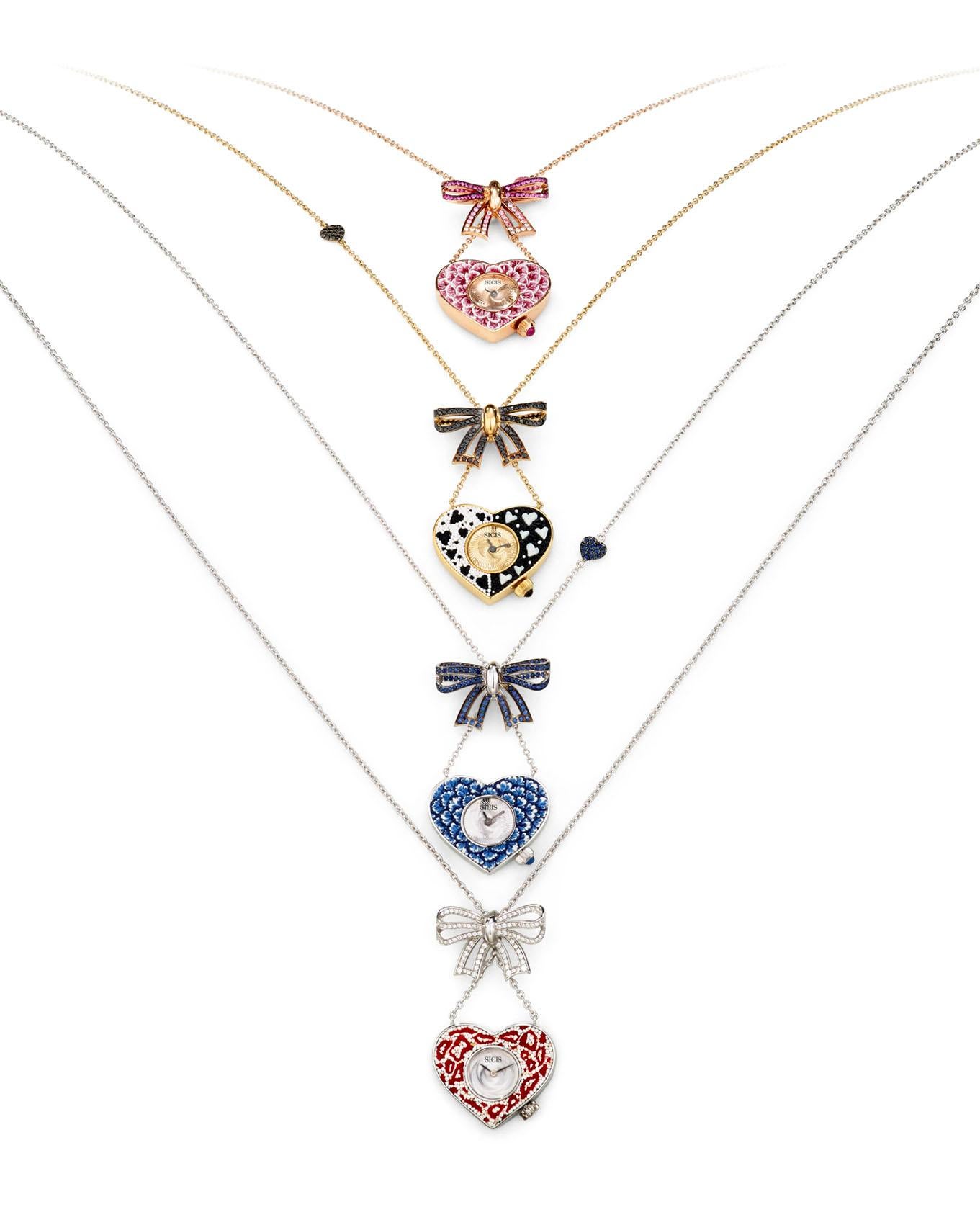 Stilvolle Quarz-Uhr-Halskette, Gold, weiße und schwarze Diamanten, NanoMosaik, verziert (Romantik) im Angebot